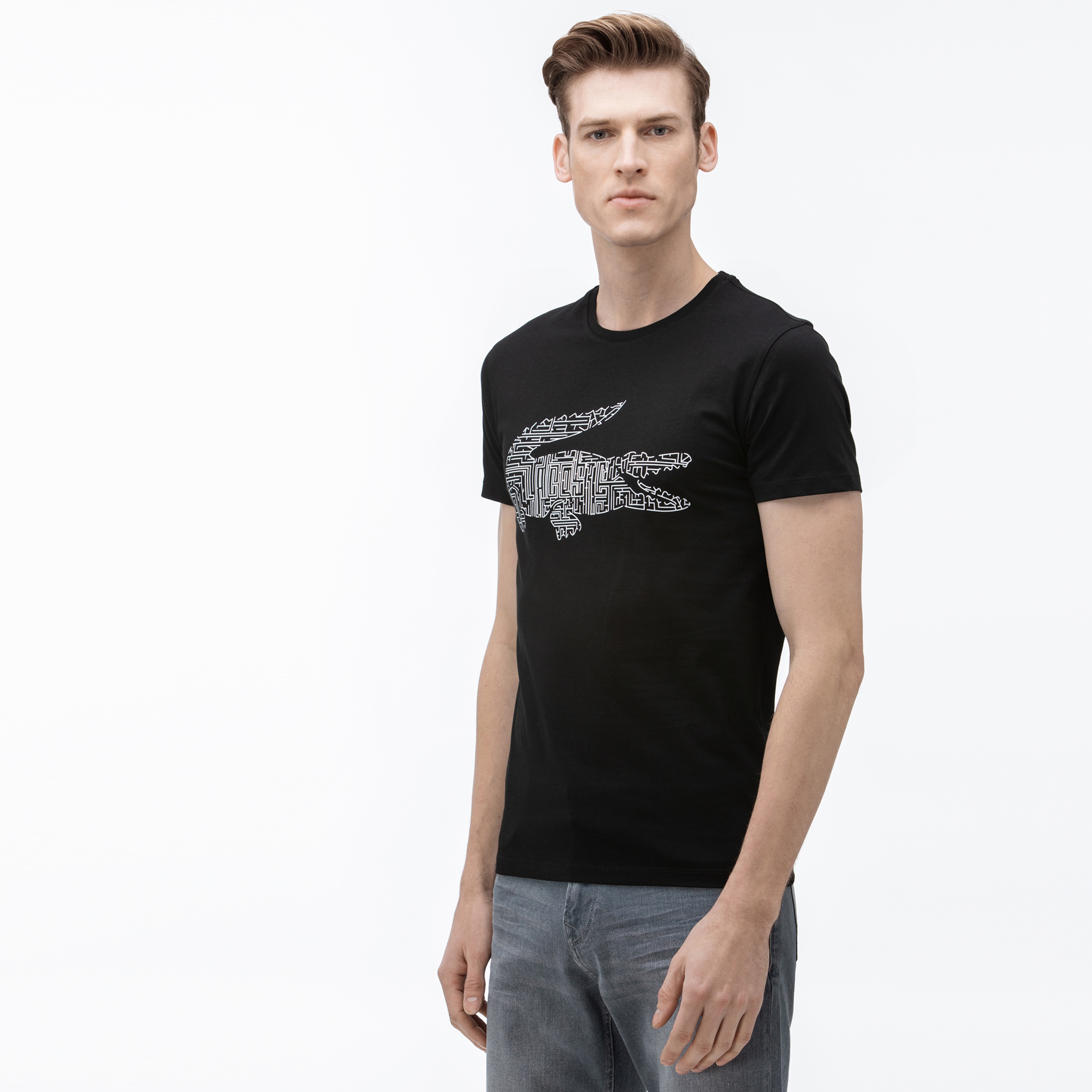 Lacoste Erkek Bisiklet Yaka Baskılı Siyah T-Shirt