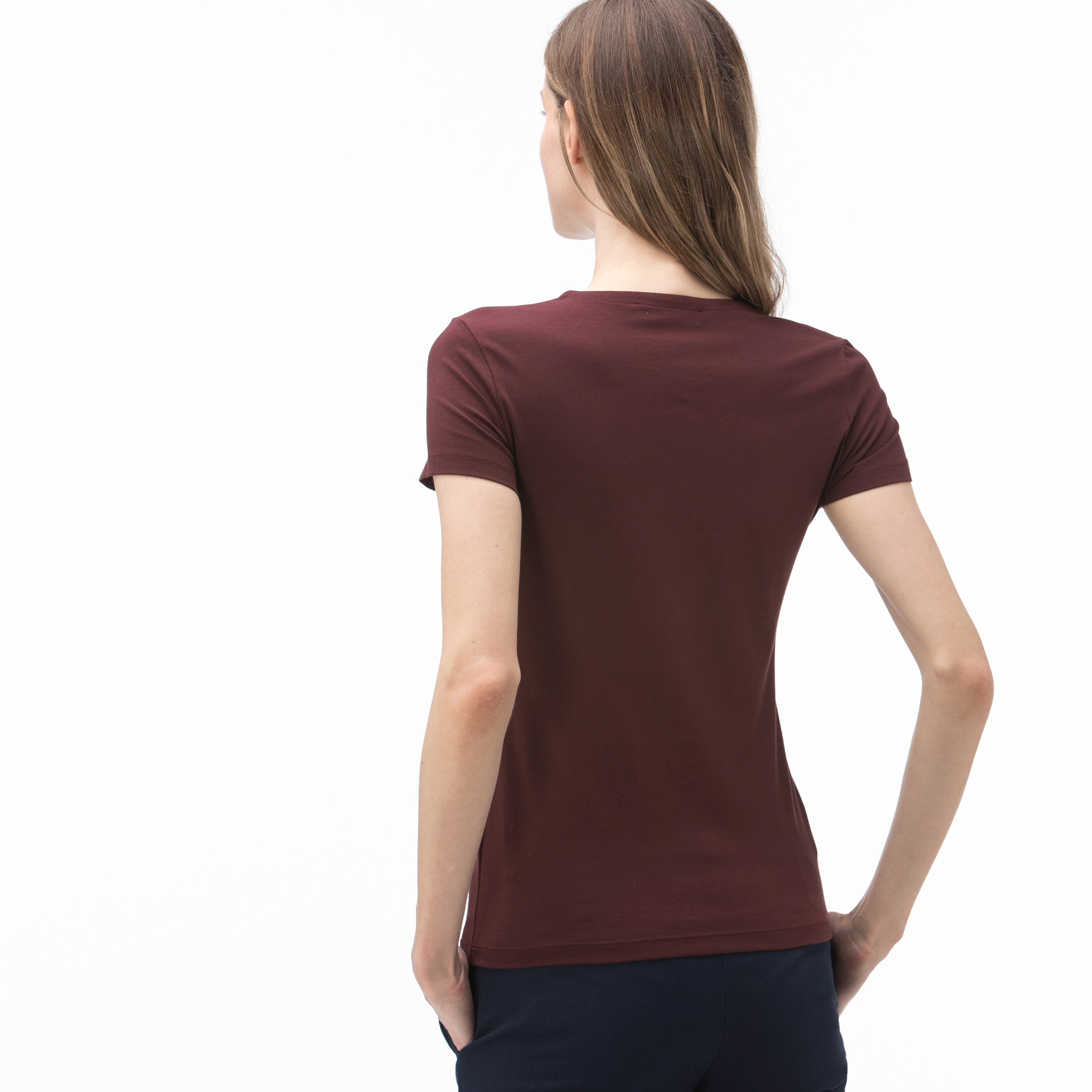 Lacoste Kadın V Yaka Bordo T-Shirt