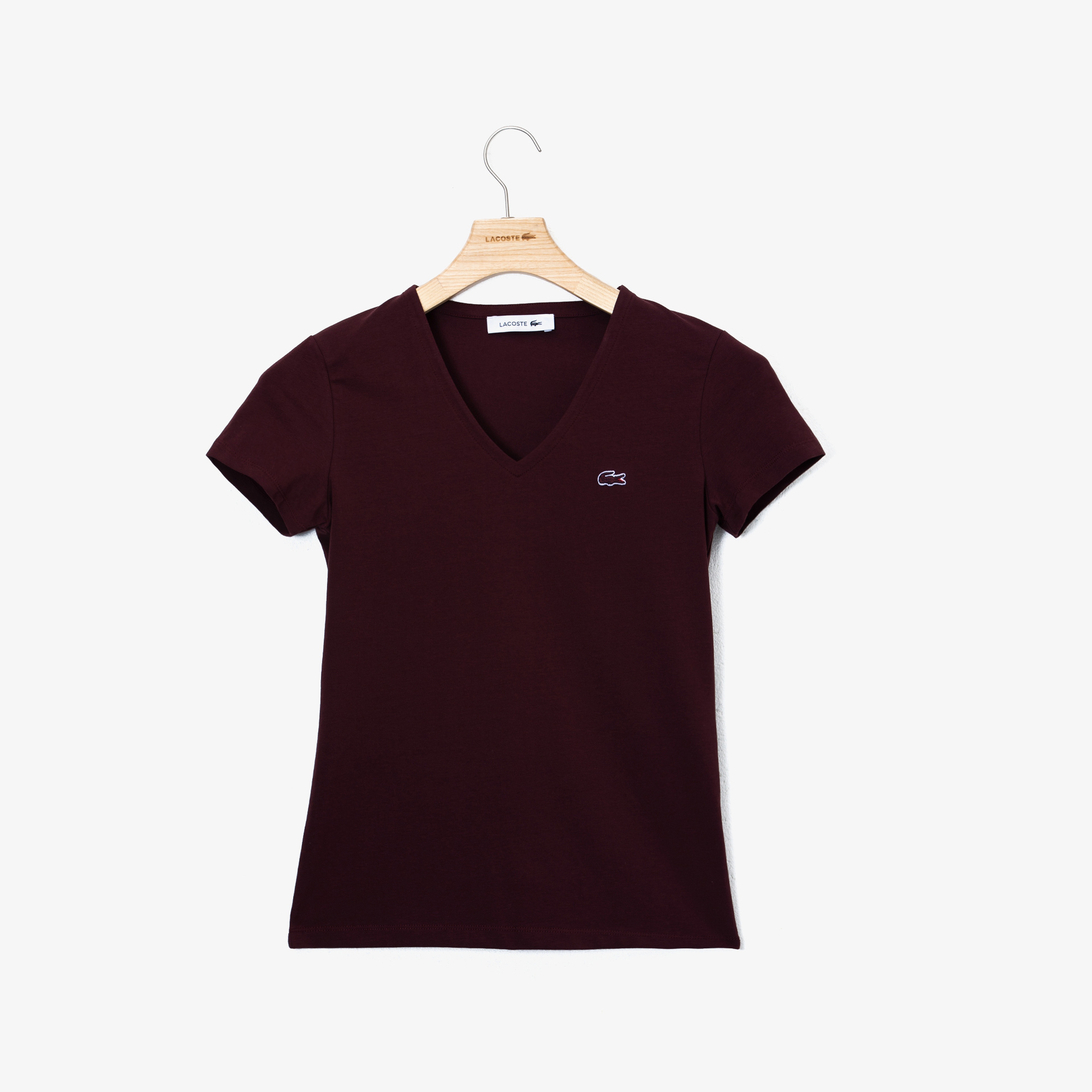 Lacoste Kadın V Yaka Bordo T-Shirt