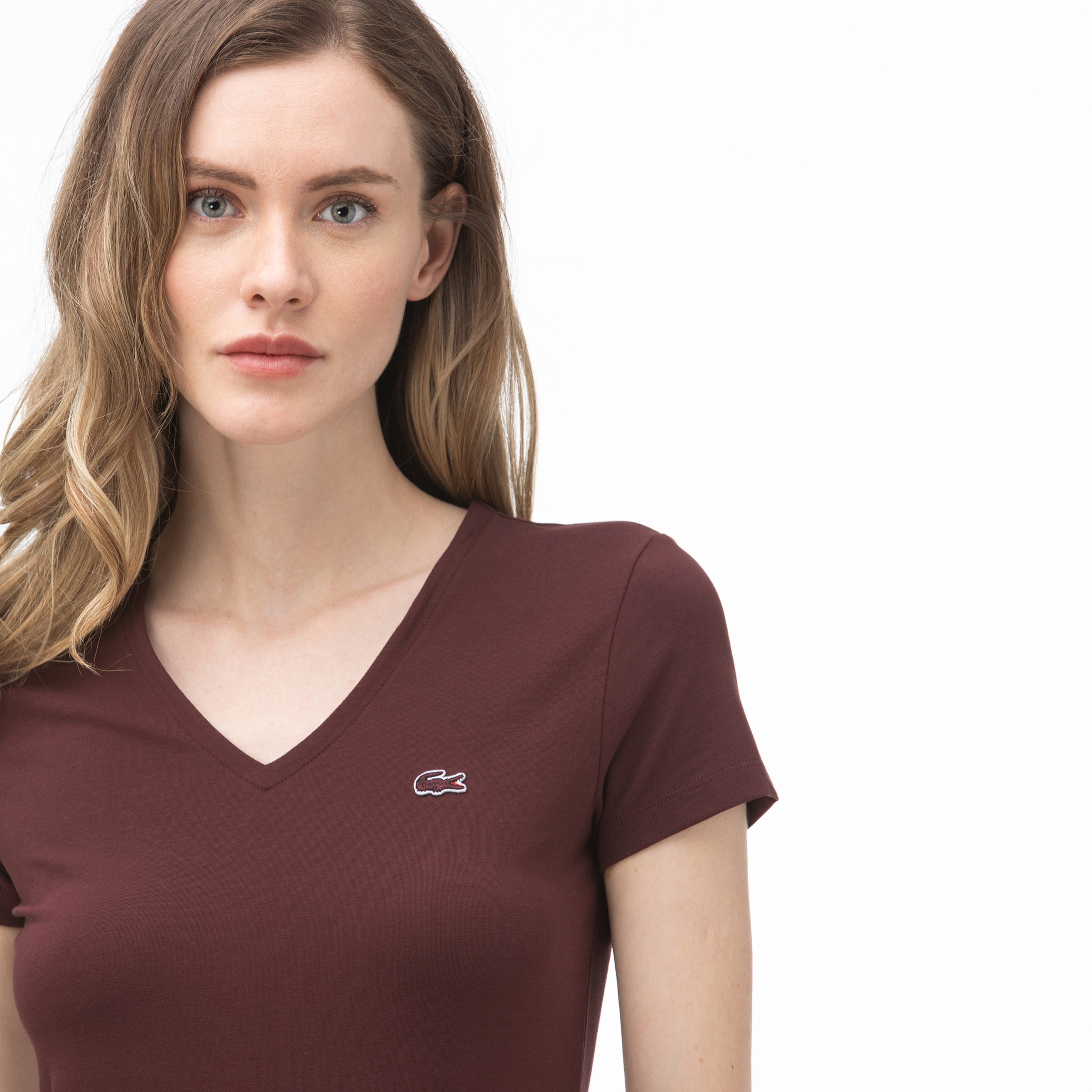Lacoste Kadın V Yaka Bordo T-Shirt