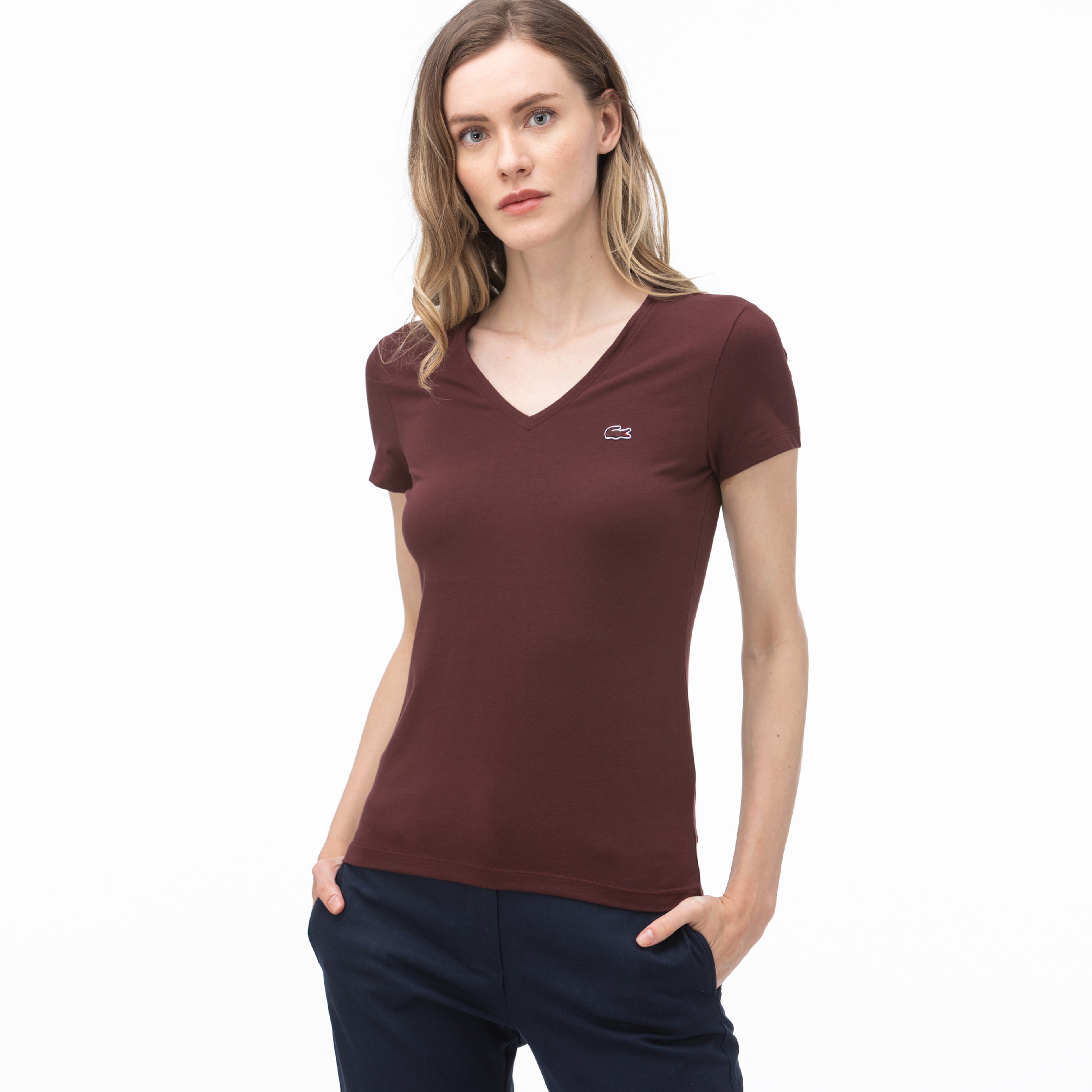 Lacoste Kadın V Yaka Bordo T-Shirt