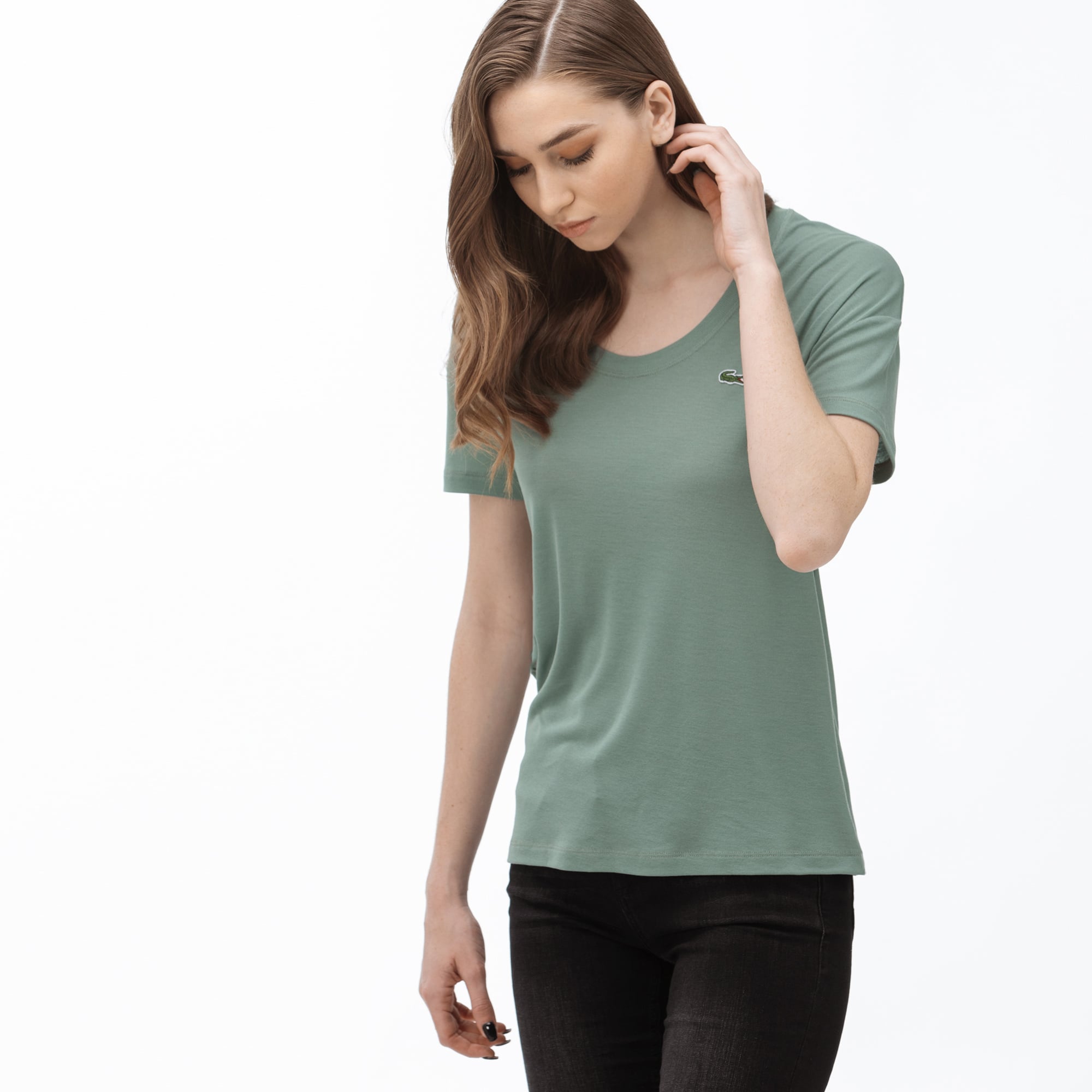 Lacoste Kadın Kayık Yaka Haki T-Shirt