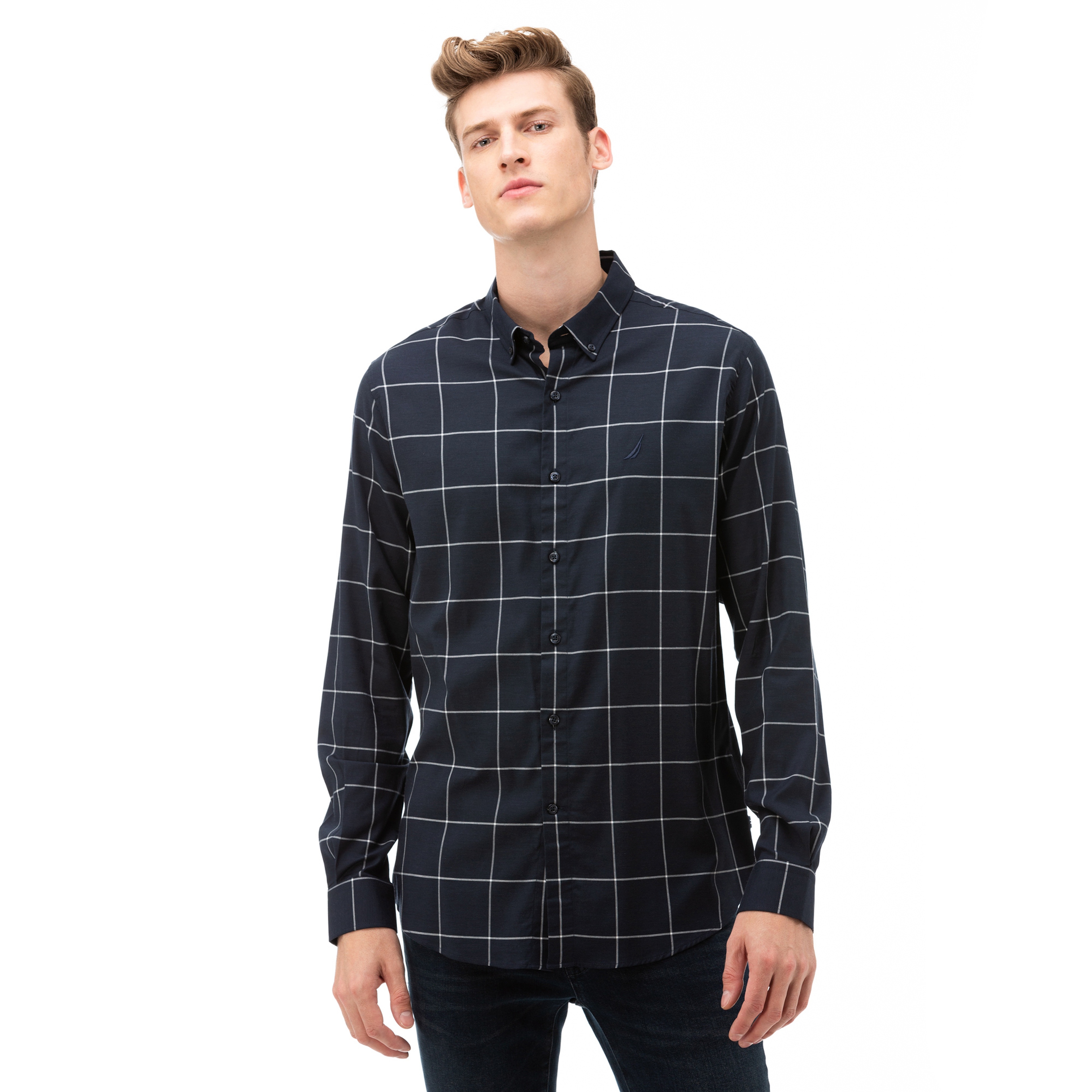 NAUTICA ERKEK LACİVERT SLIM FIT KARELİ GÖMLEK