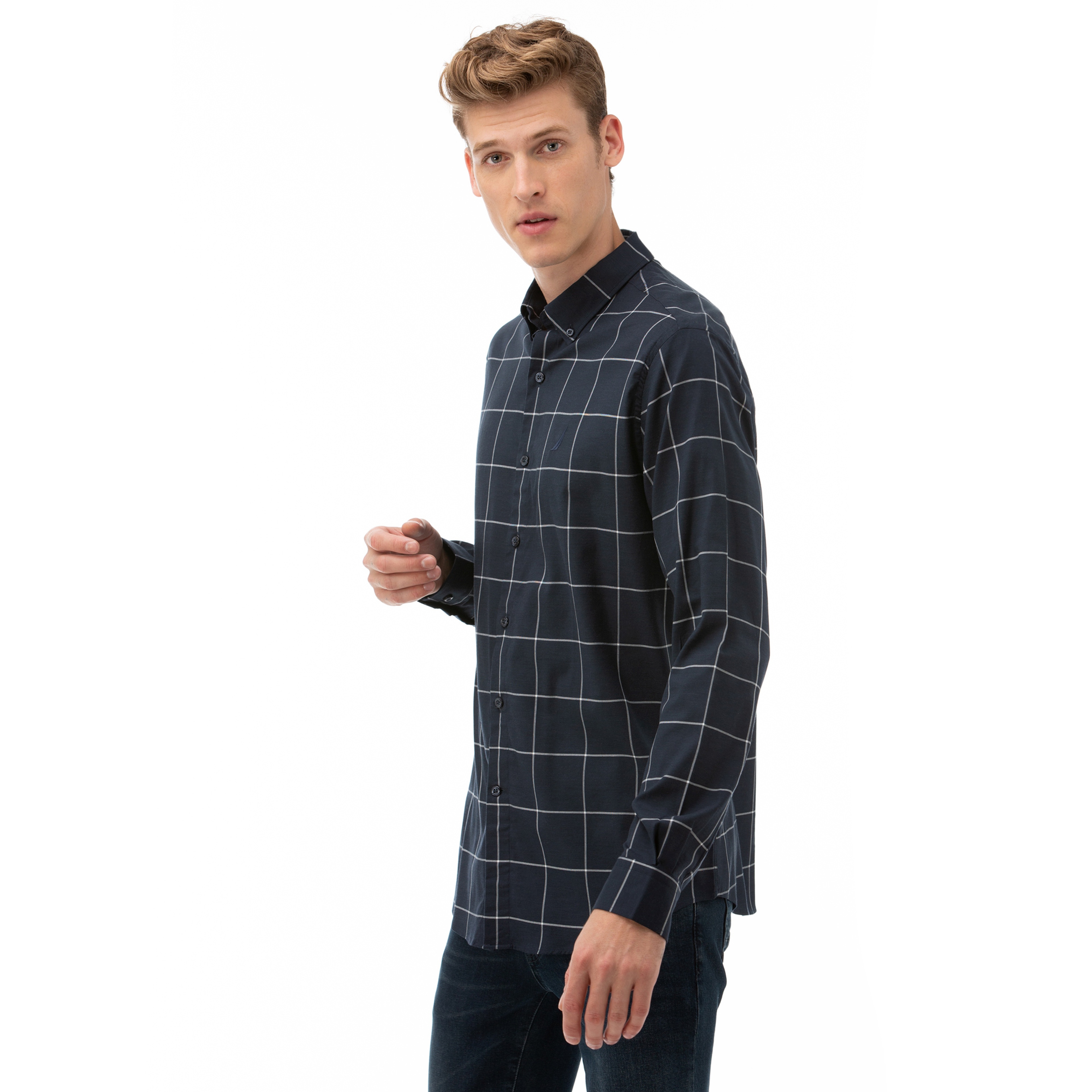 NAUTICA ERKEK LACİVERT SLIM FIT KARELİ GÖMLEK