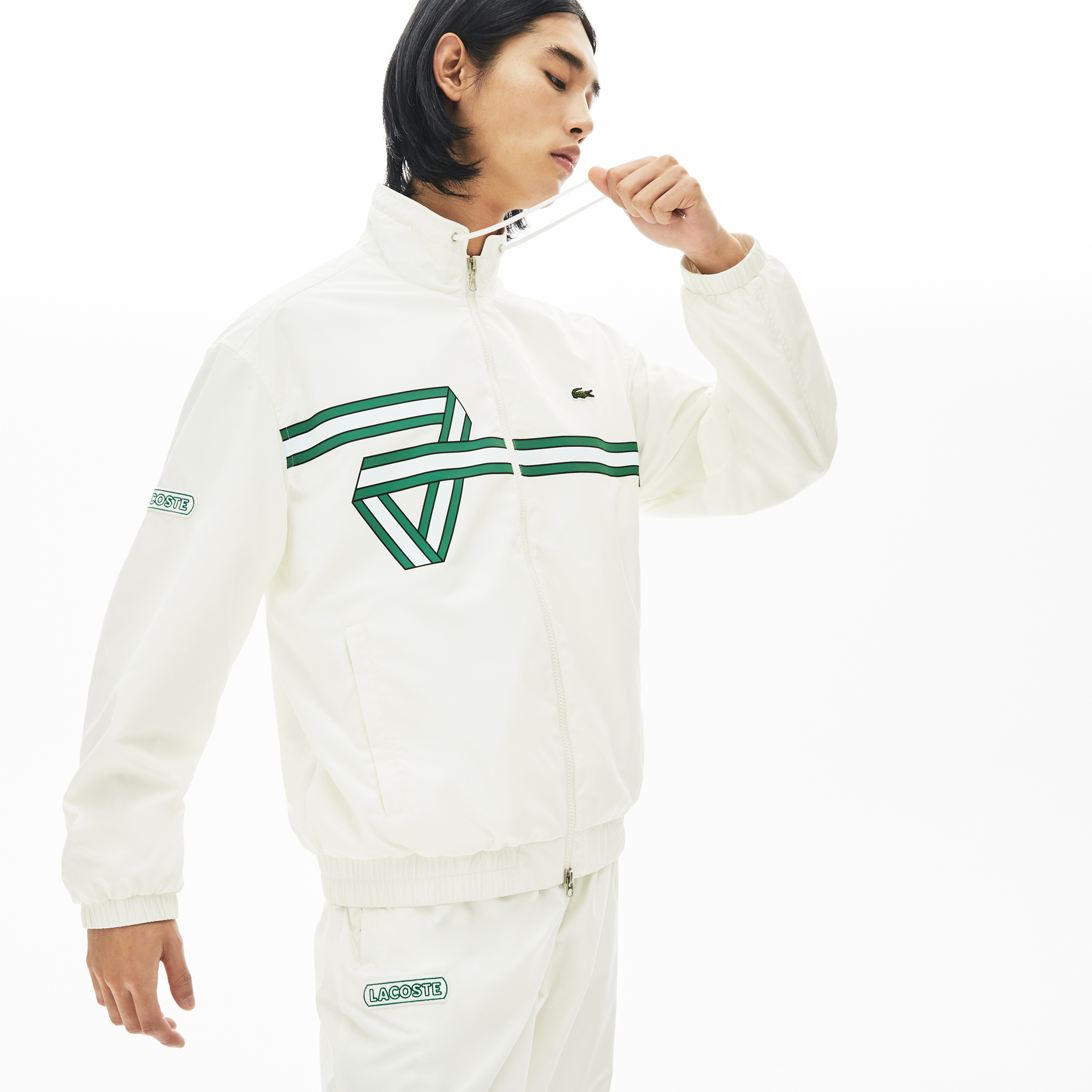 Lacoste Erkek Kapüşonlu Baskılı Beyaz Ceket