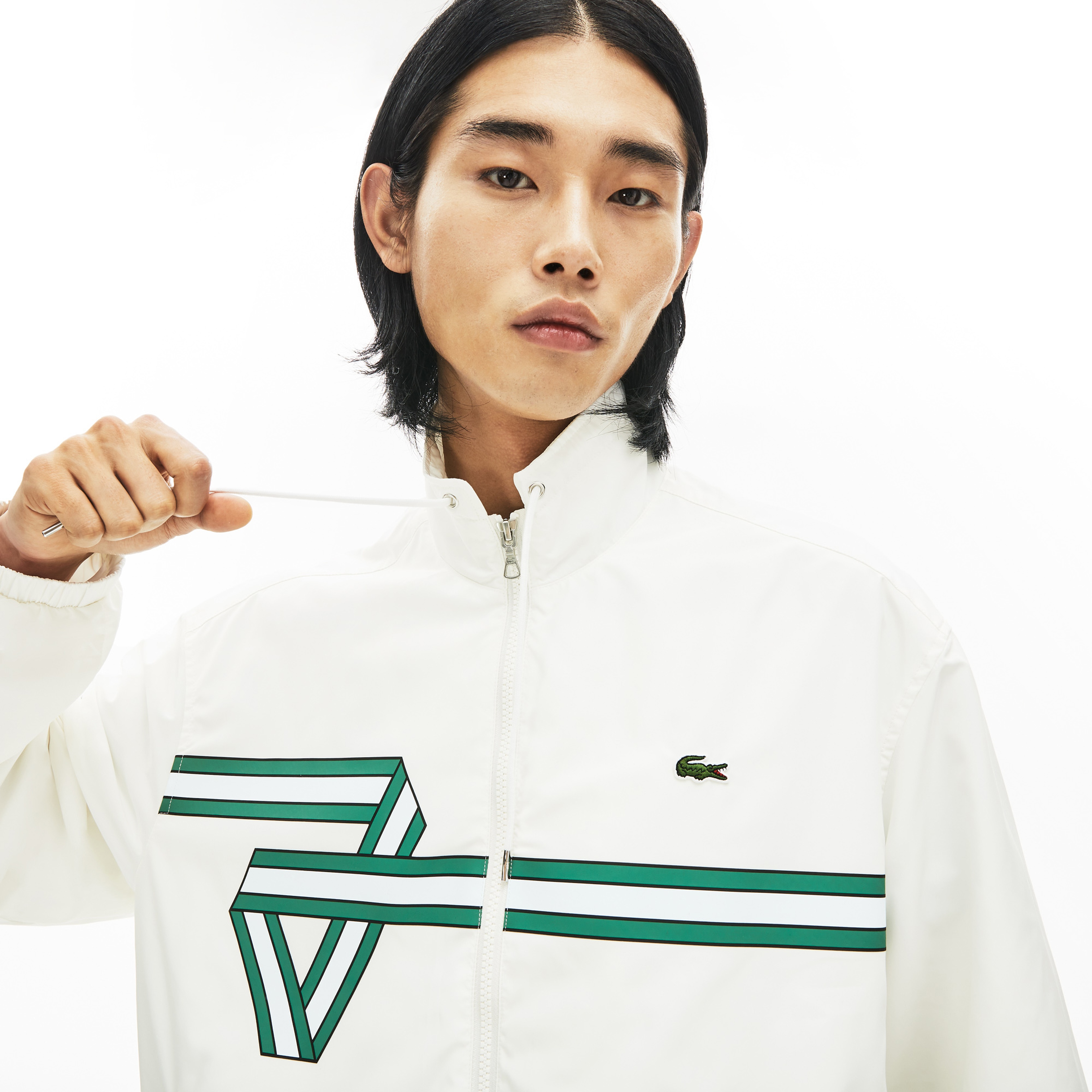 Lacoste Erkek Kapüşonlu Baskılı Beyaz Ceket