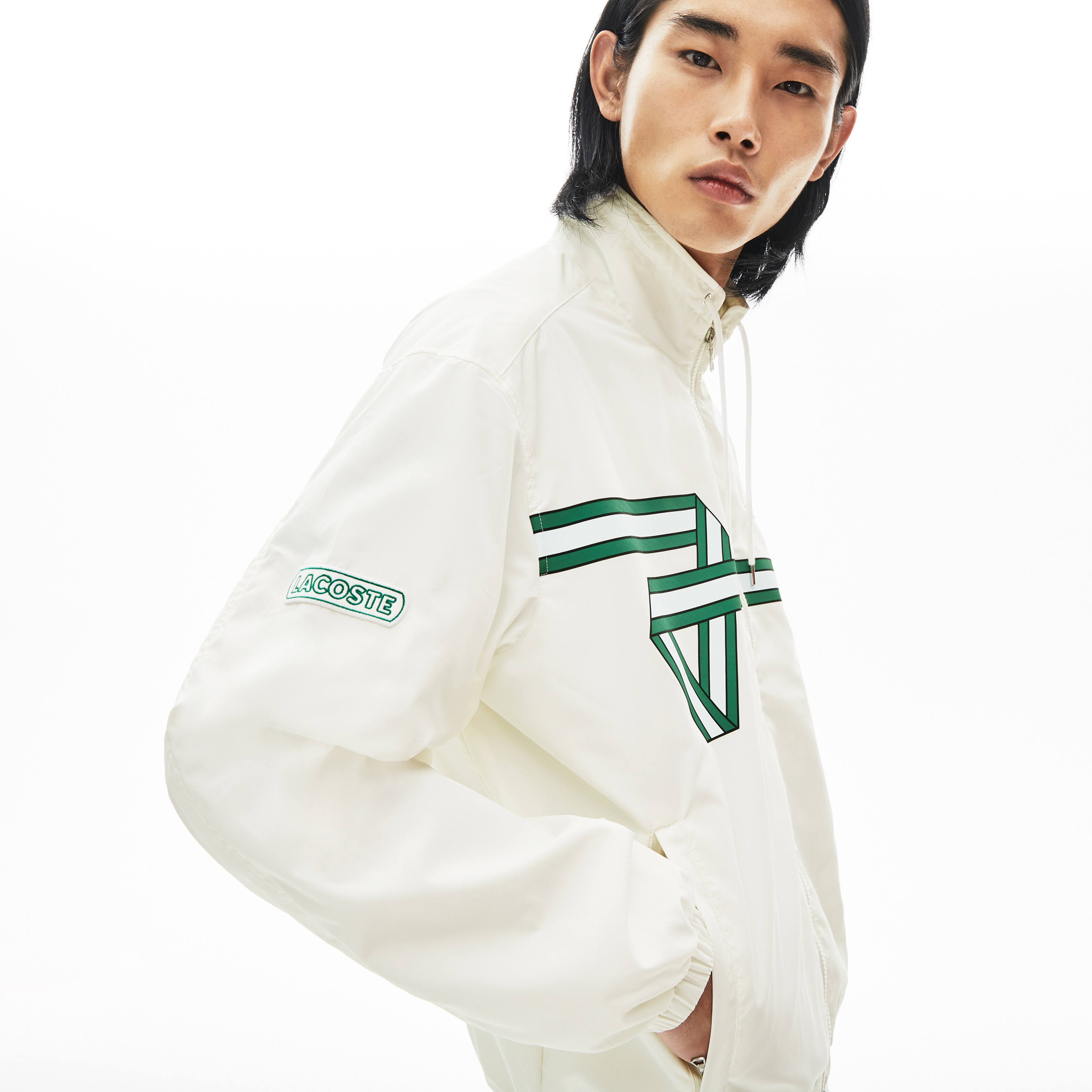 Lacoste Erkek Kapüşonlu Baskılı Beyaz Ceket