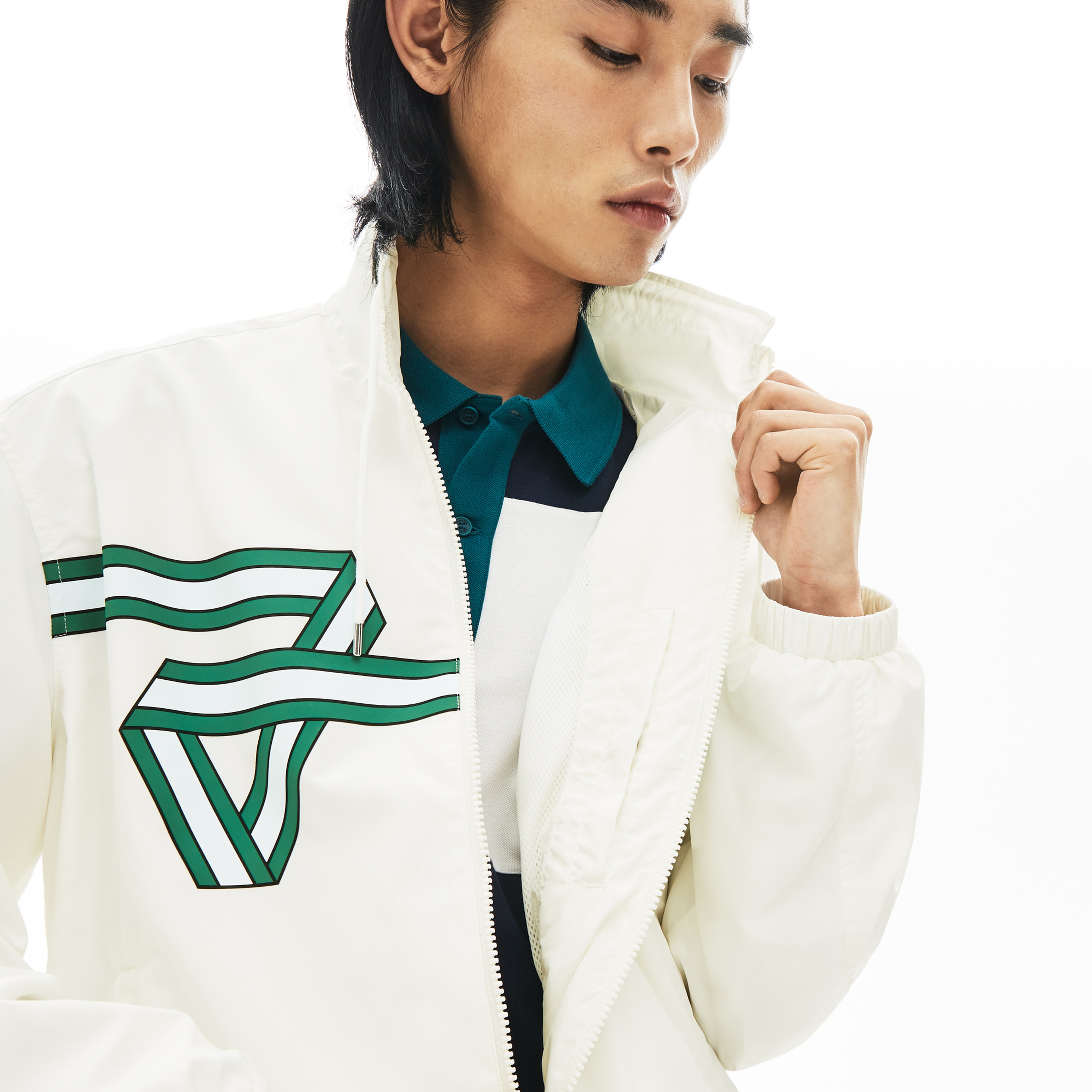 Lacoste Erkek Kapüşonlu Baskılı Beyaz Ceket