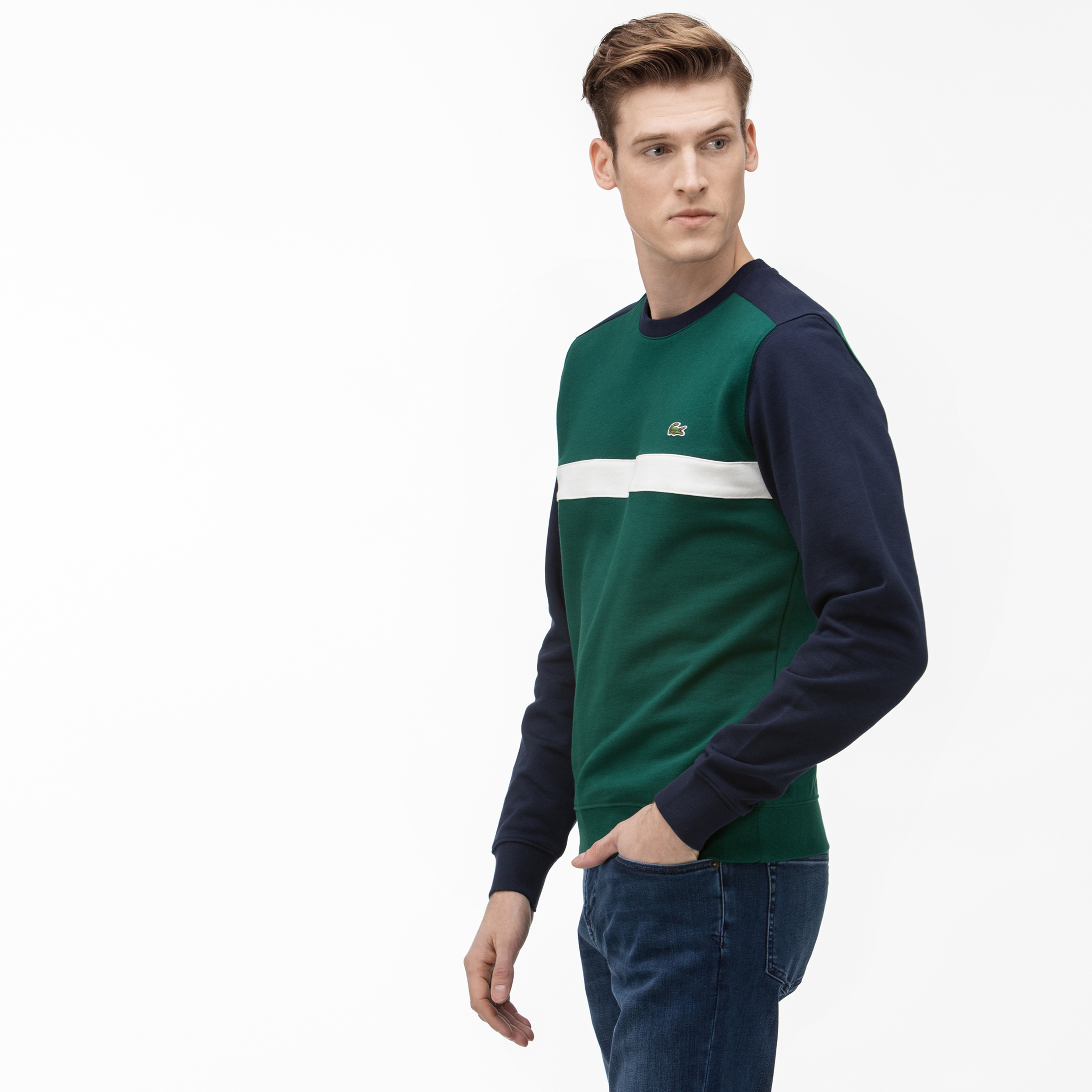 Lacoste Erkek Blok Desenli Bisiklet Yaka Lacivert Sweatshirt