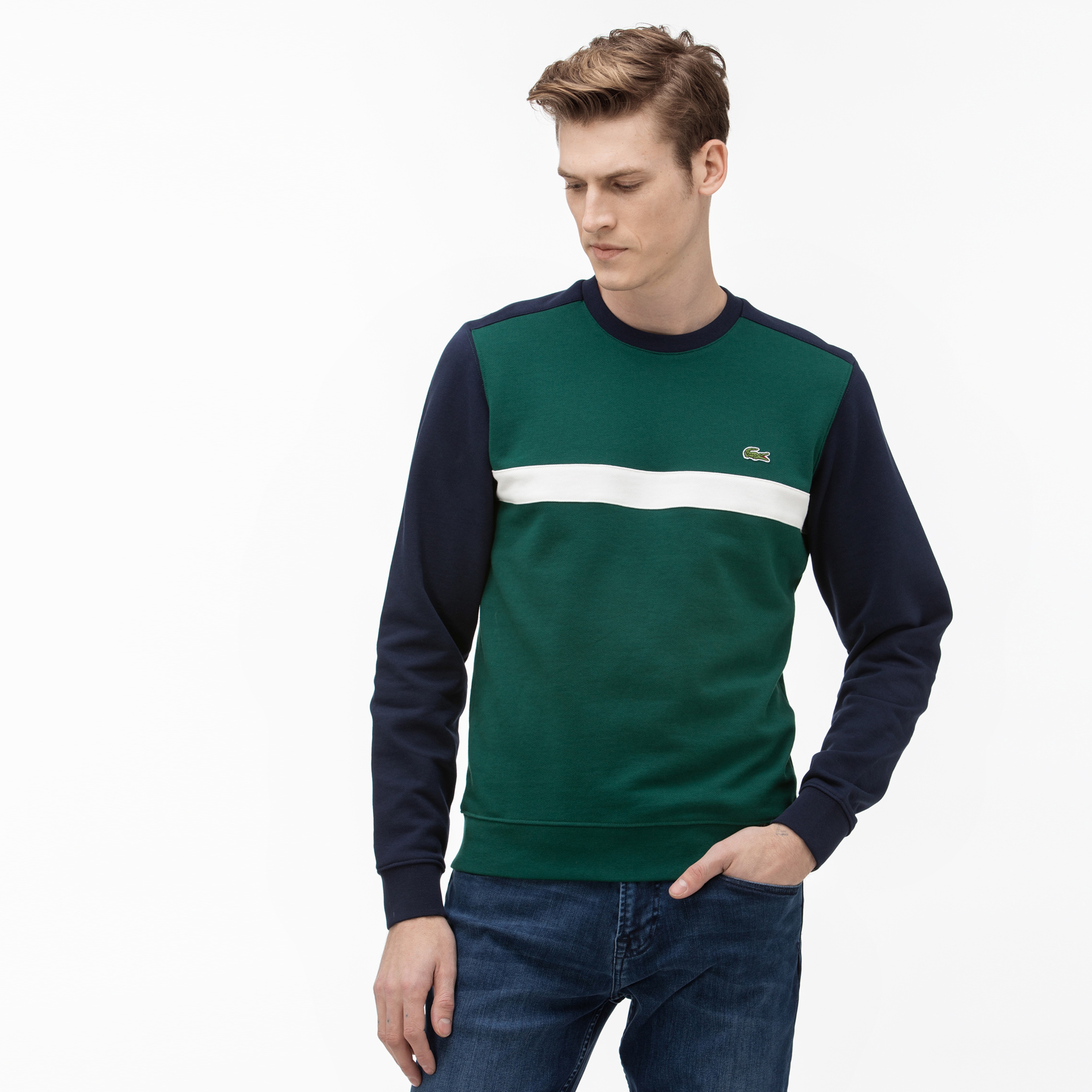 Lacoste Erkek Blok Desenli Bisiklet Yaka Lacivert Sweatshirt