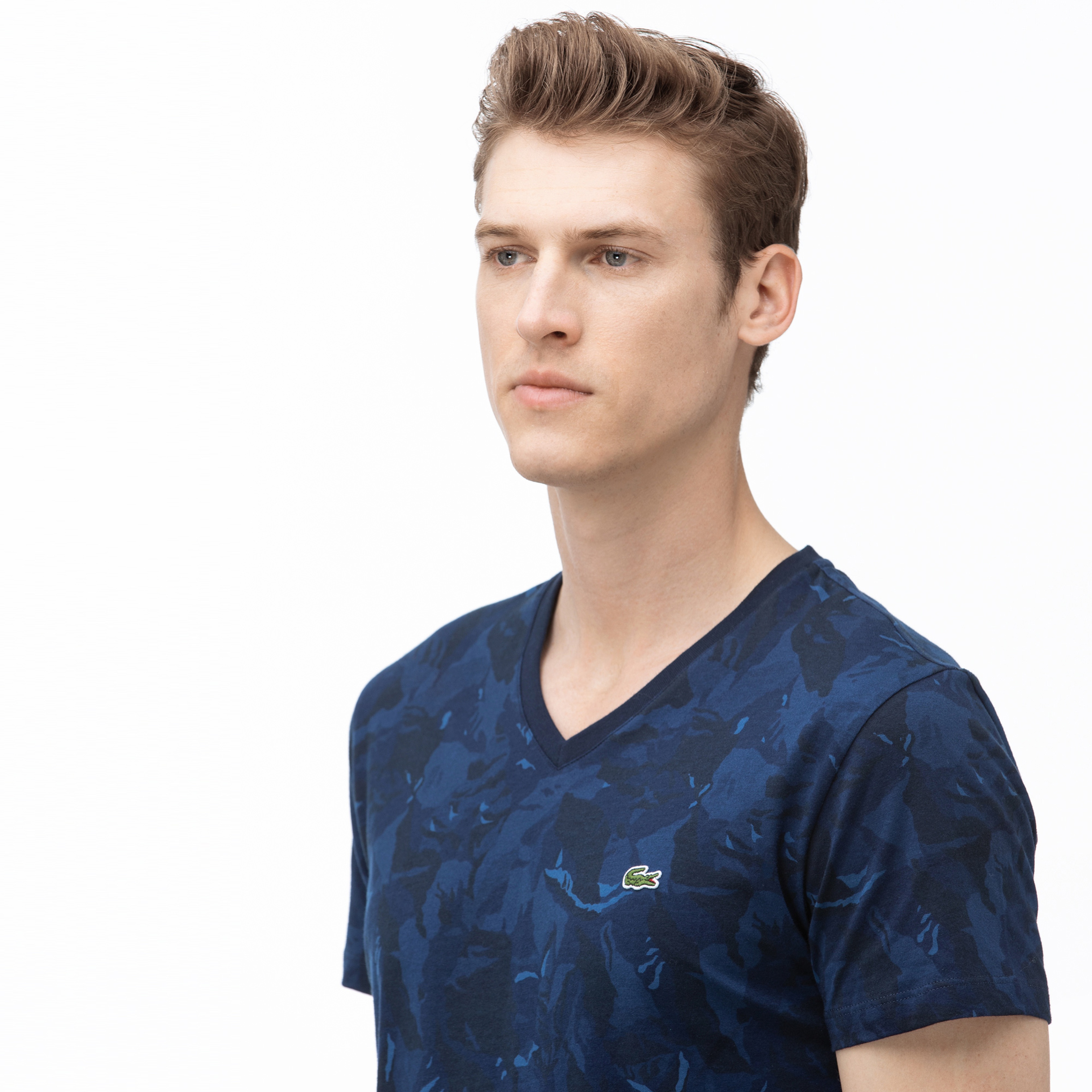 Lacoste Erkek V Yaka Desenli Lacivert T-Shirt