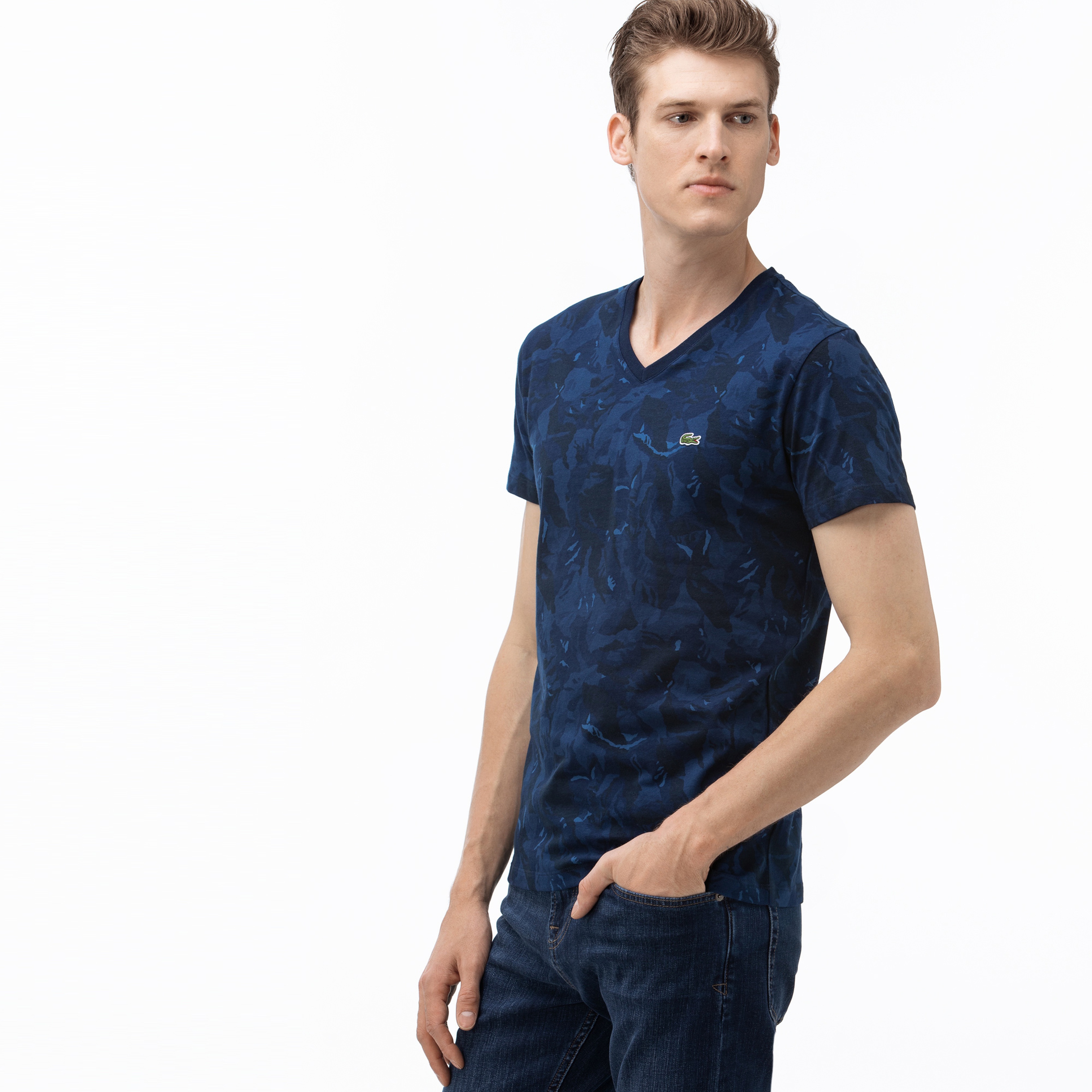 Lacoste Erkek V Yaka Desenli Lacivert T-Shirt