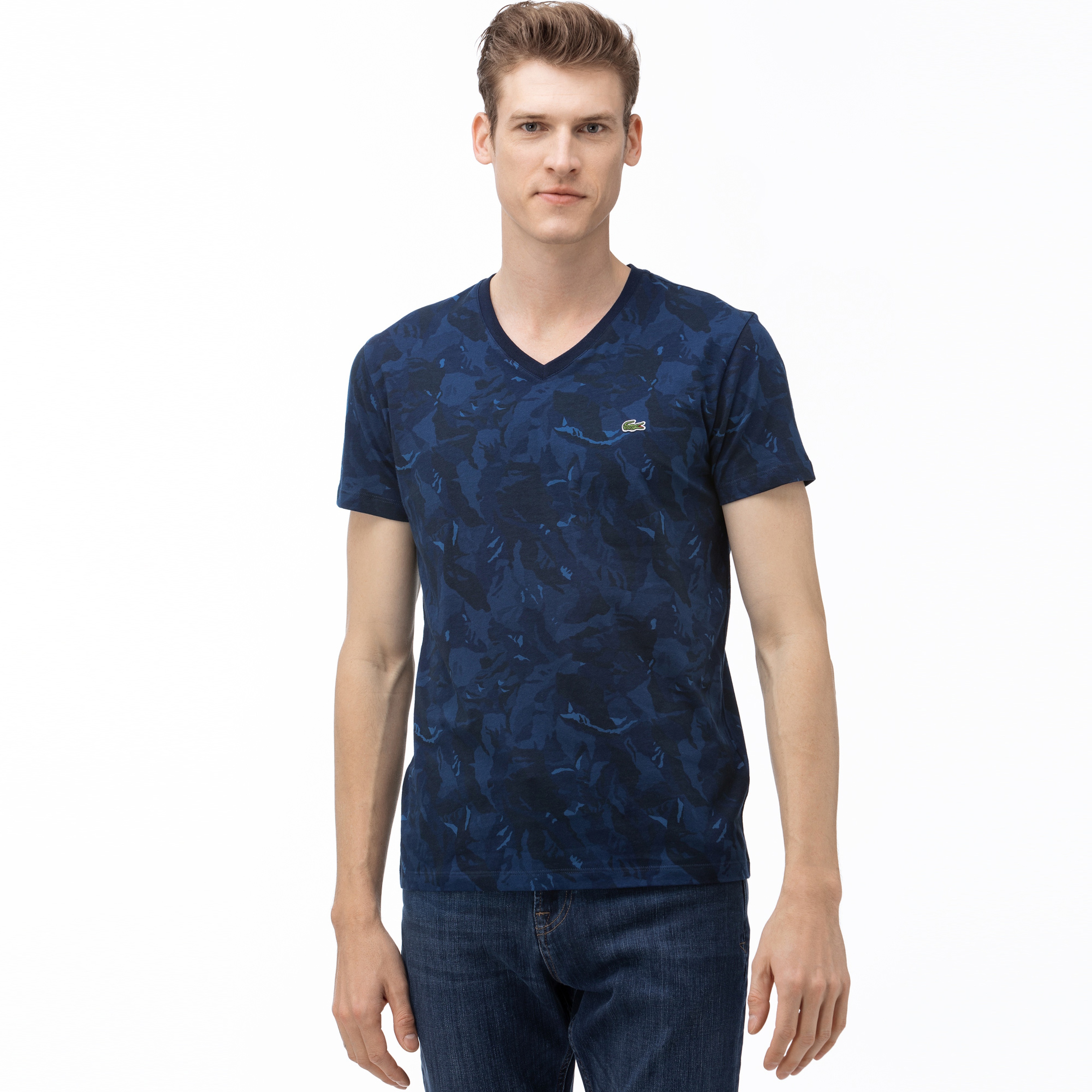 Lacoste Erkek V Yaka Desenli Lacivert T-Shirt