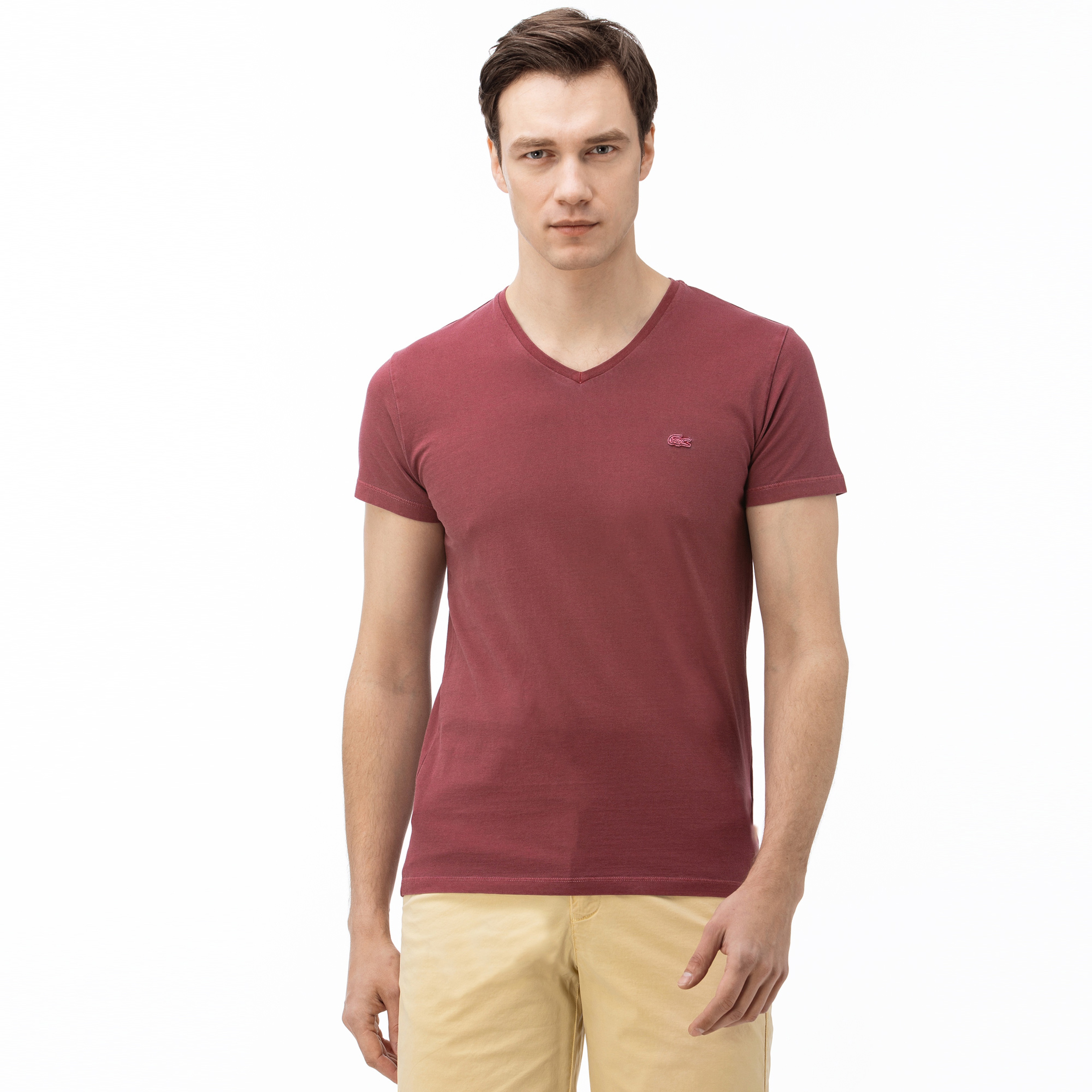 Lacoste Erkek V Yaka Bordo T-Shirt