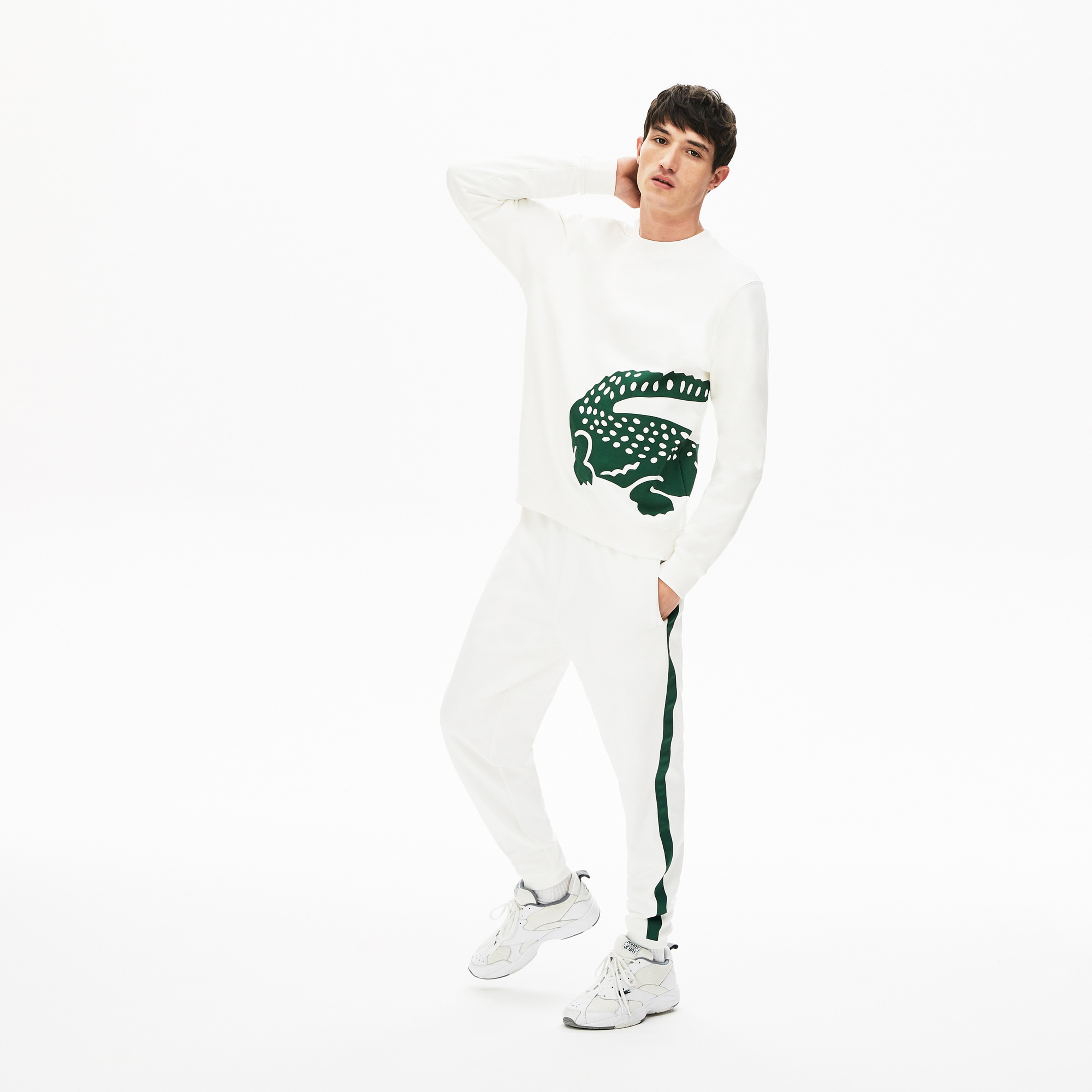 Lacoste Erkek Bisiklet Yaka Timsah Baskılı Beyaz Sweatshirt