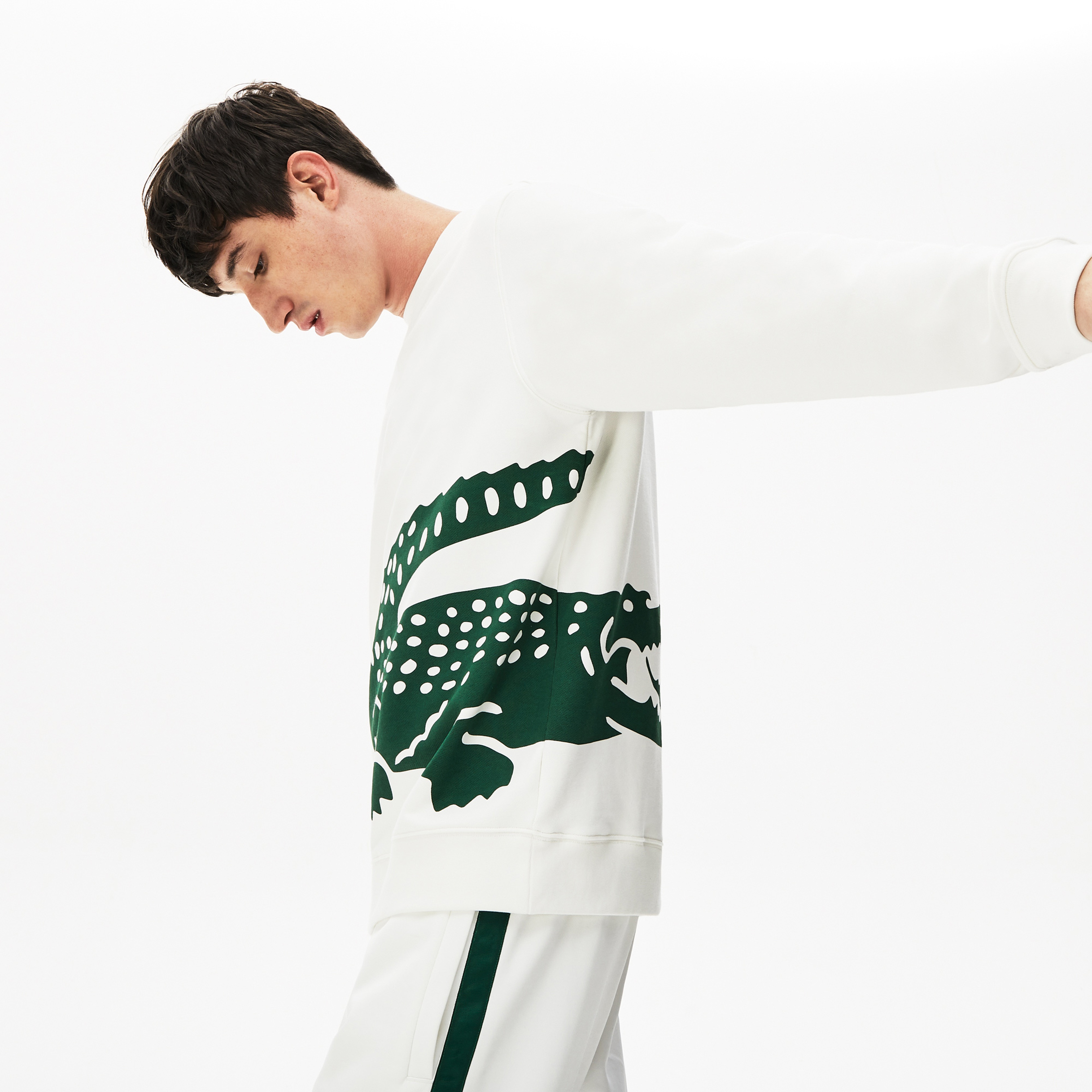 Lacoste Erkek Bisiklet Yaka Timsah Baskılı Beyaz Sweatshirt