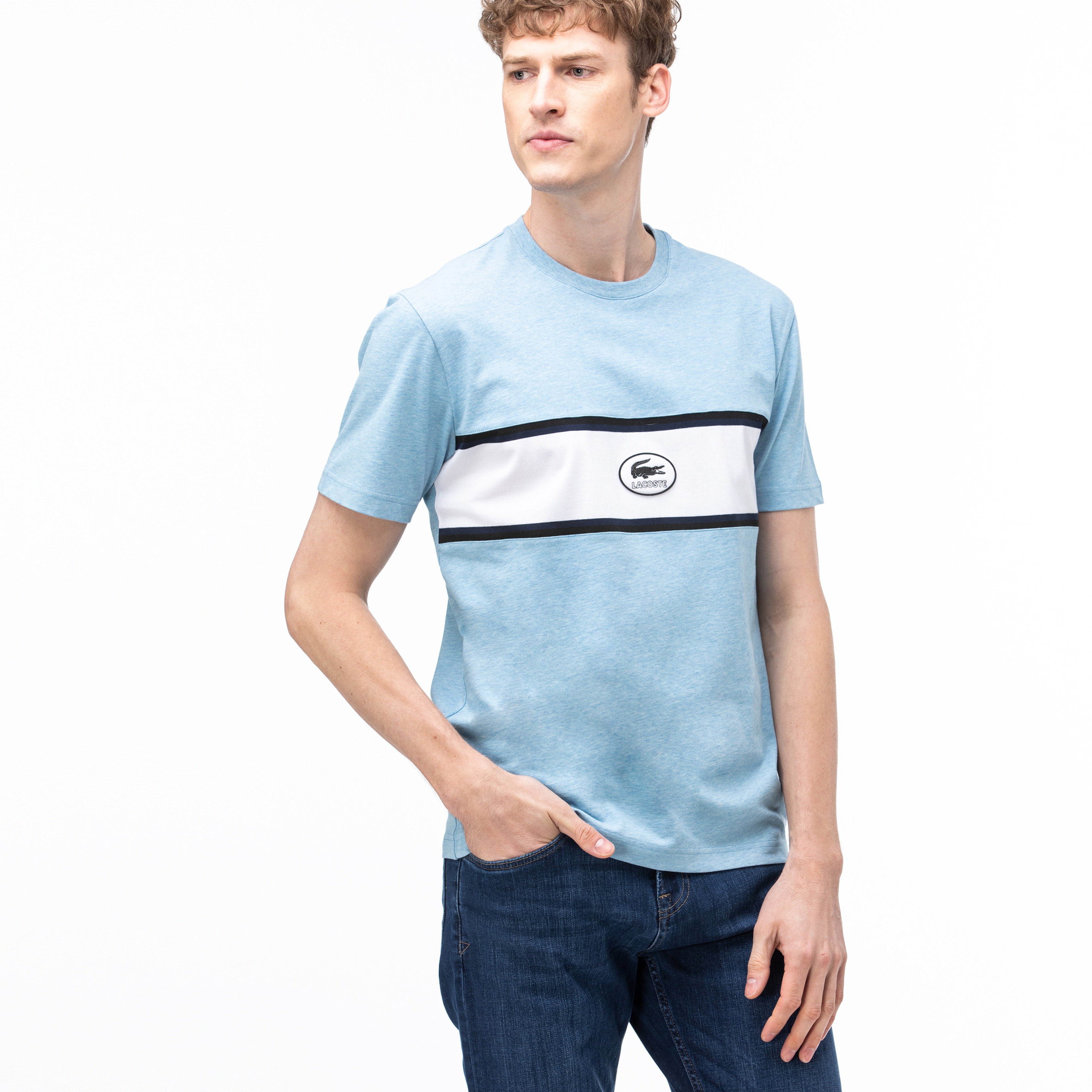 Lacoste Erkek Bisiklet Yaka Baskılı Blok Desenli Mavi T-Shirt