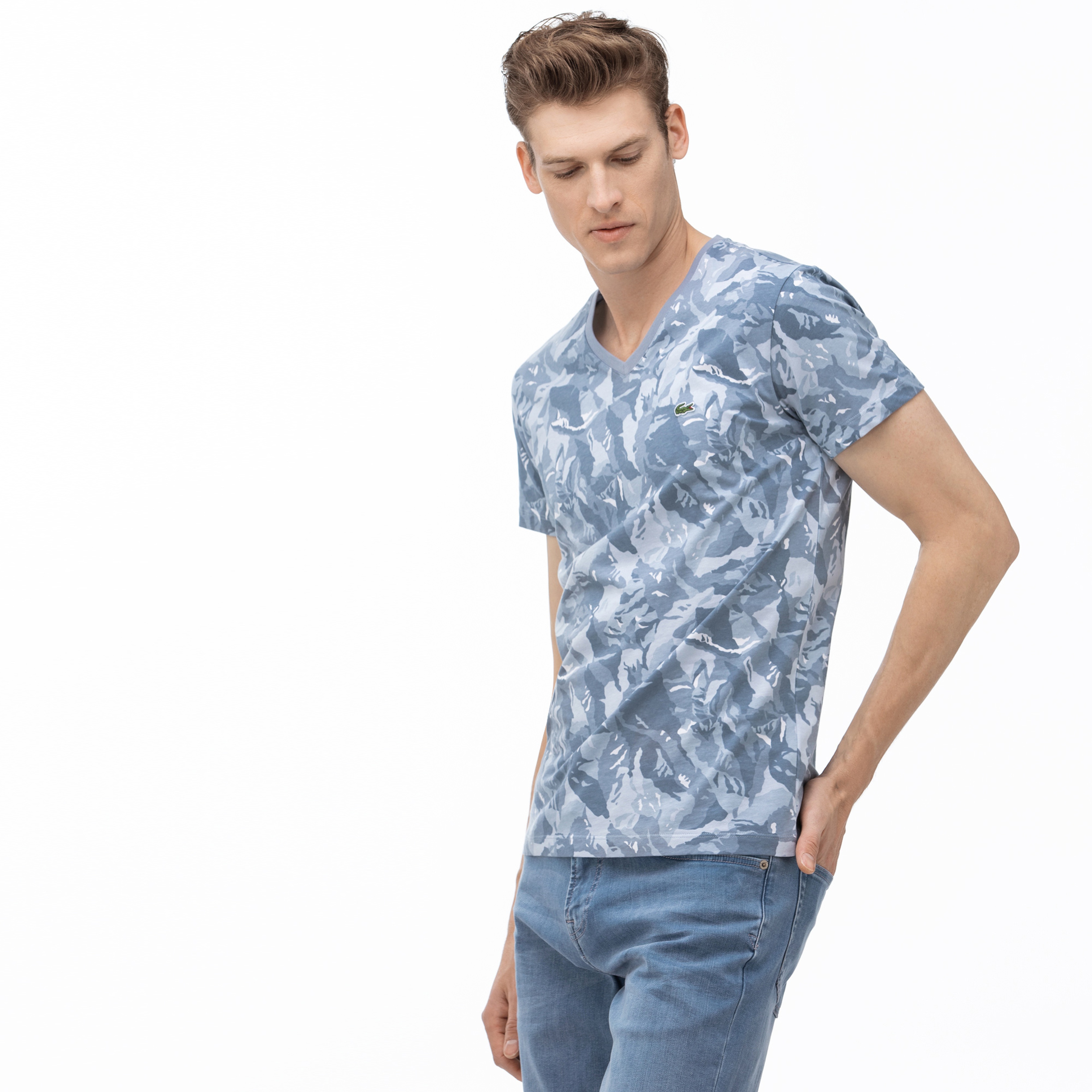 Lacoste Erkek V Yaka Desenli Mavi T-Shirt