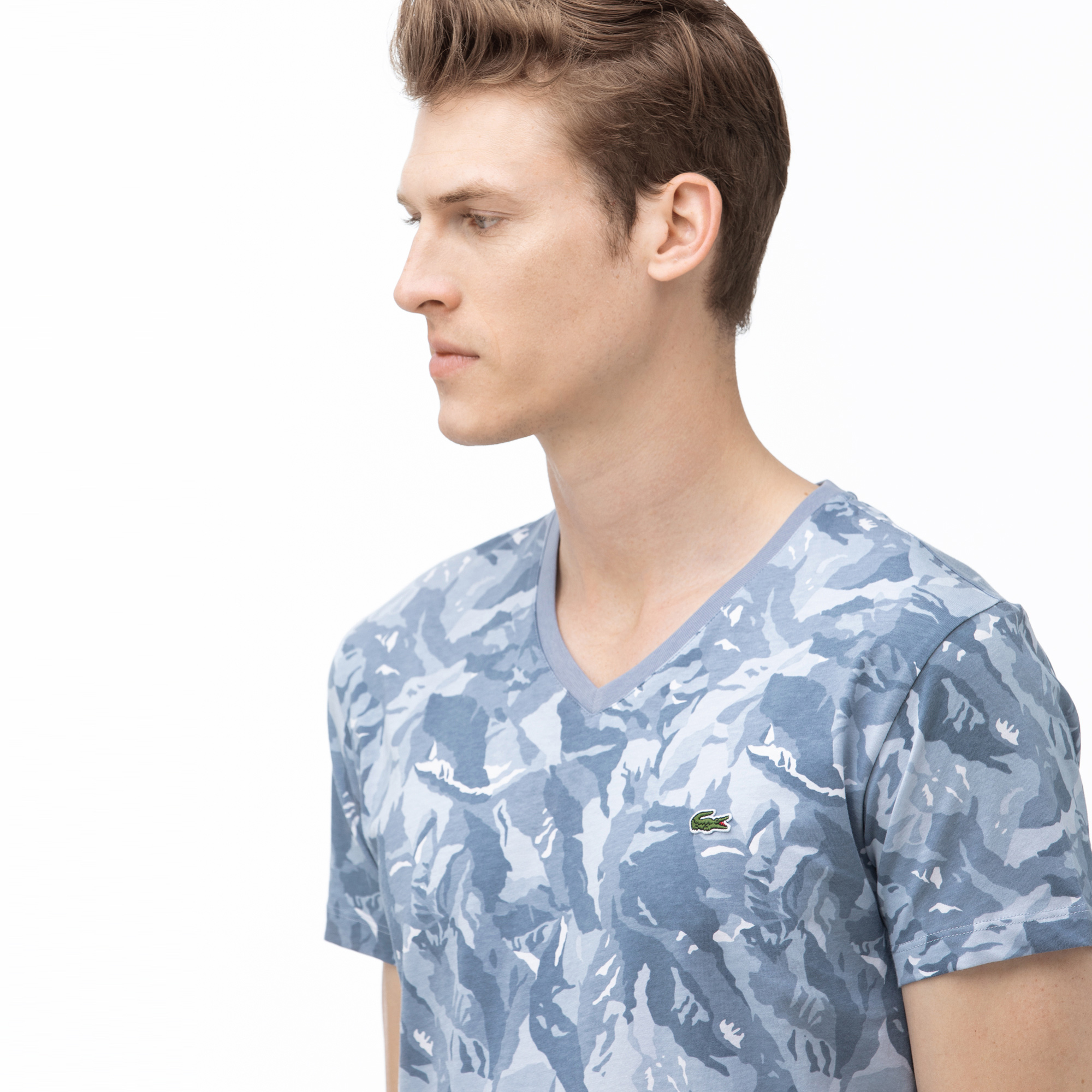 Lacoste Erkek V Yaka Desenli Mavi T-Shirt