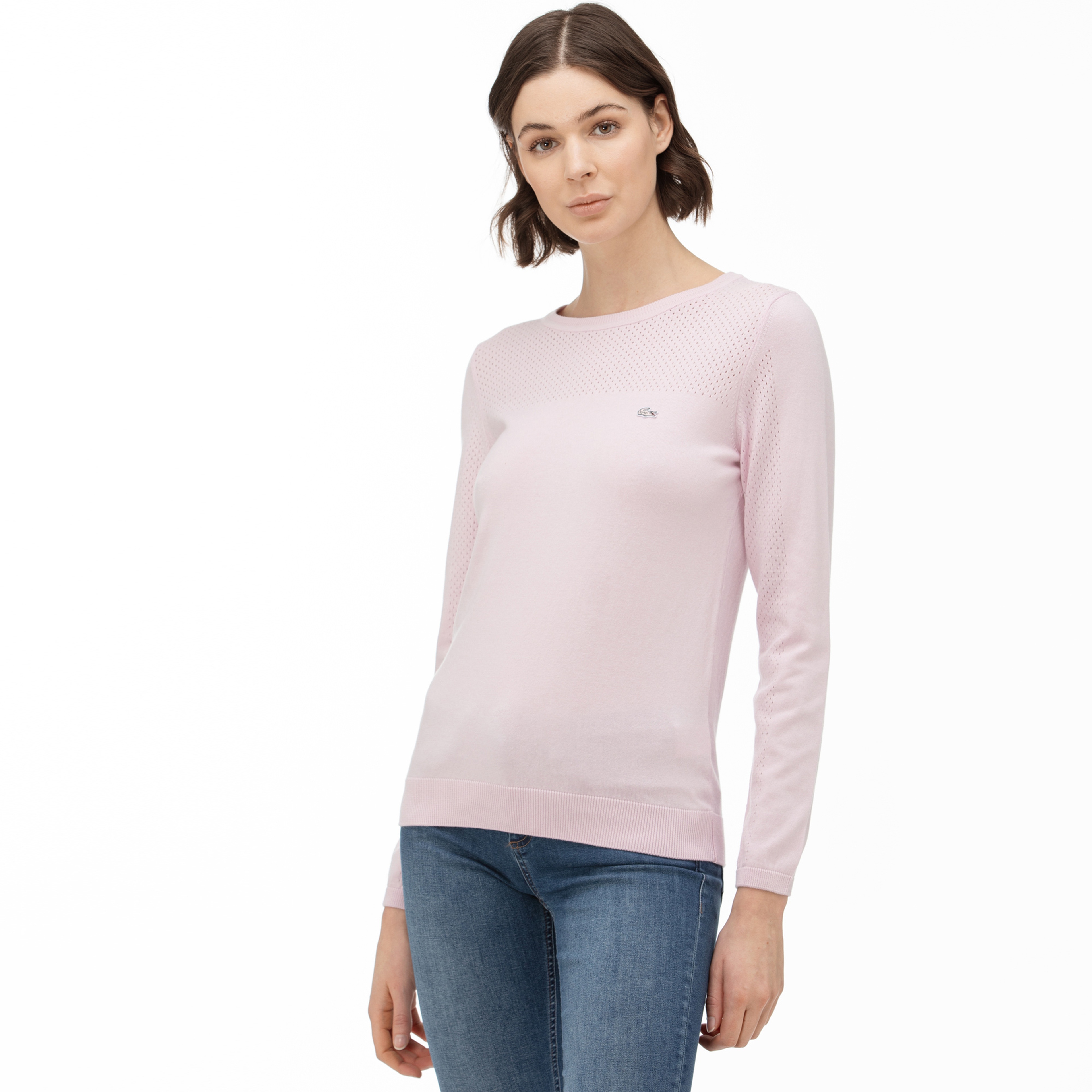 Lacoste Kadın Bisiklet Yaka File Detaylı Pembe Triko Kazak