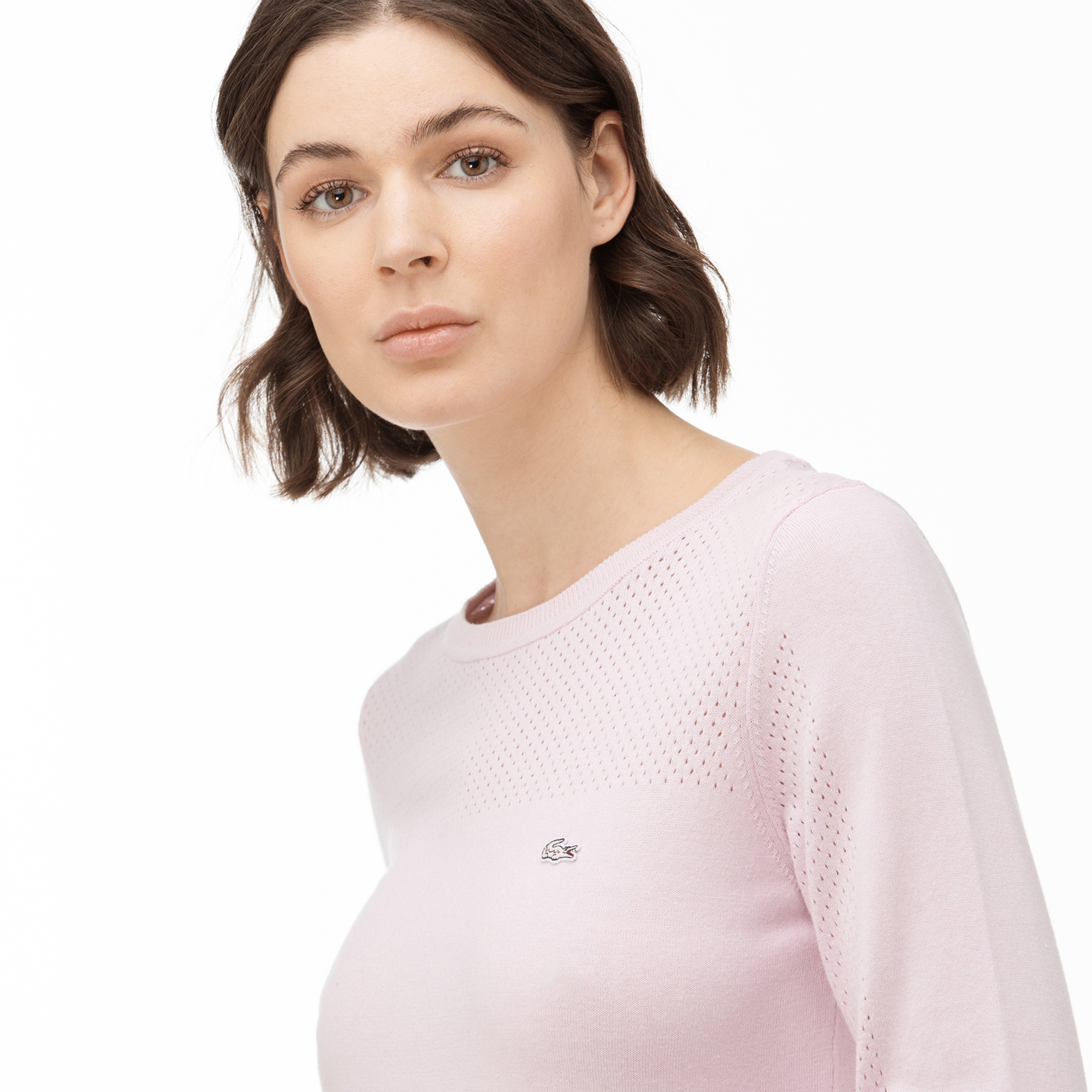 Lacoste Kadın Bisiklet Yaka File Detaylı Pembe Triko Kazak