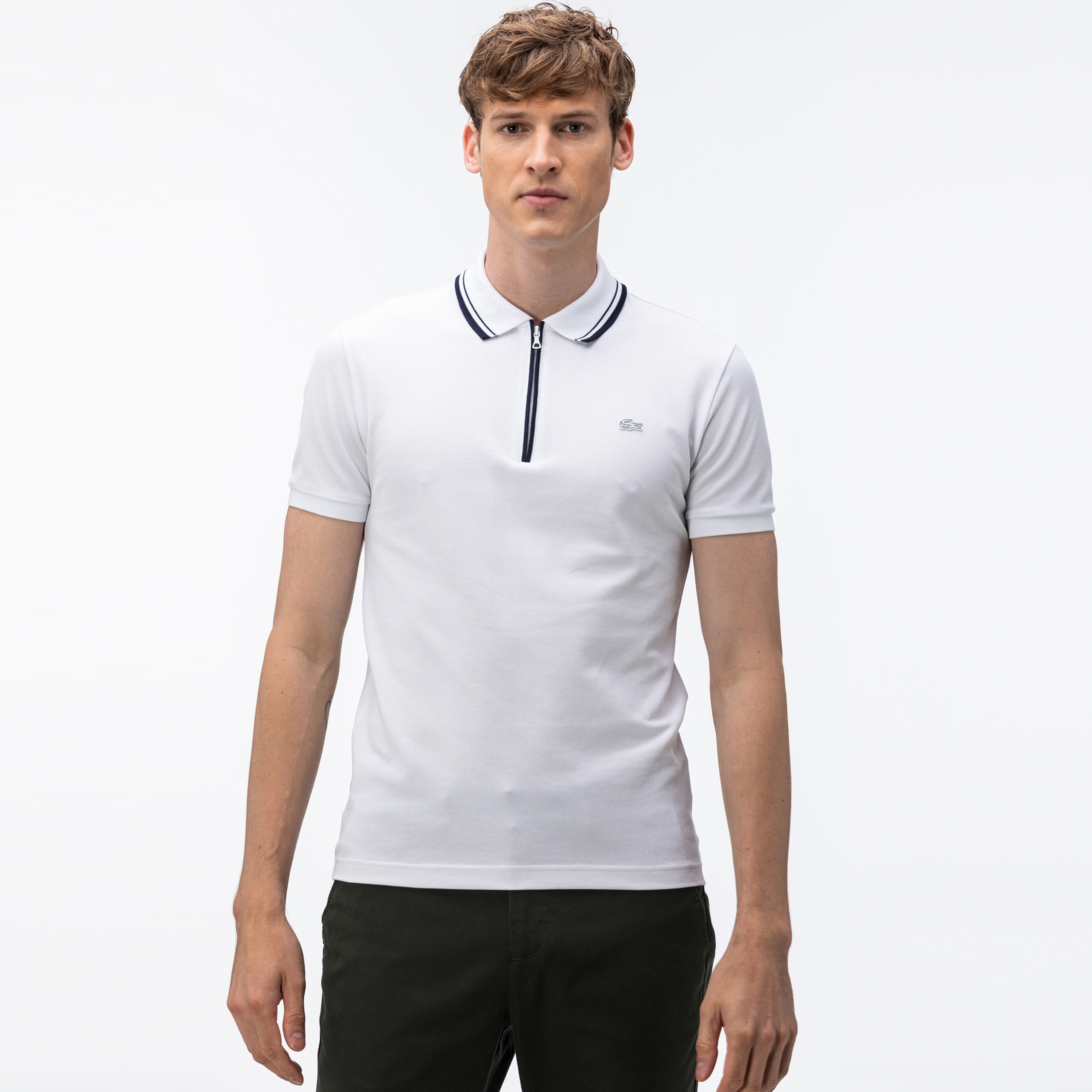 Lacoste Erkek Slim Fit Fermuarlı Yaka Beyaz Polo