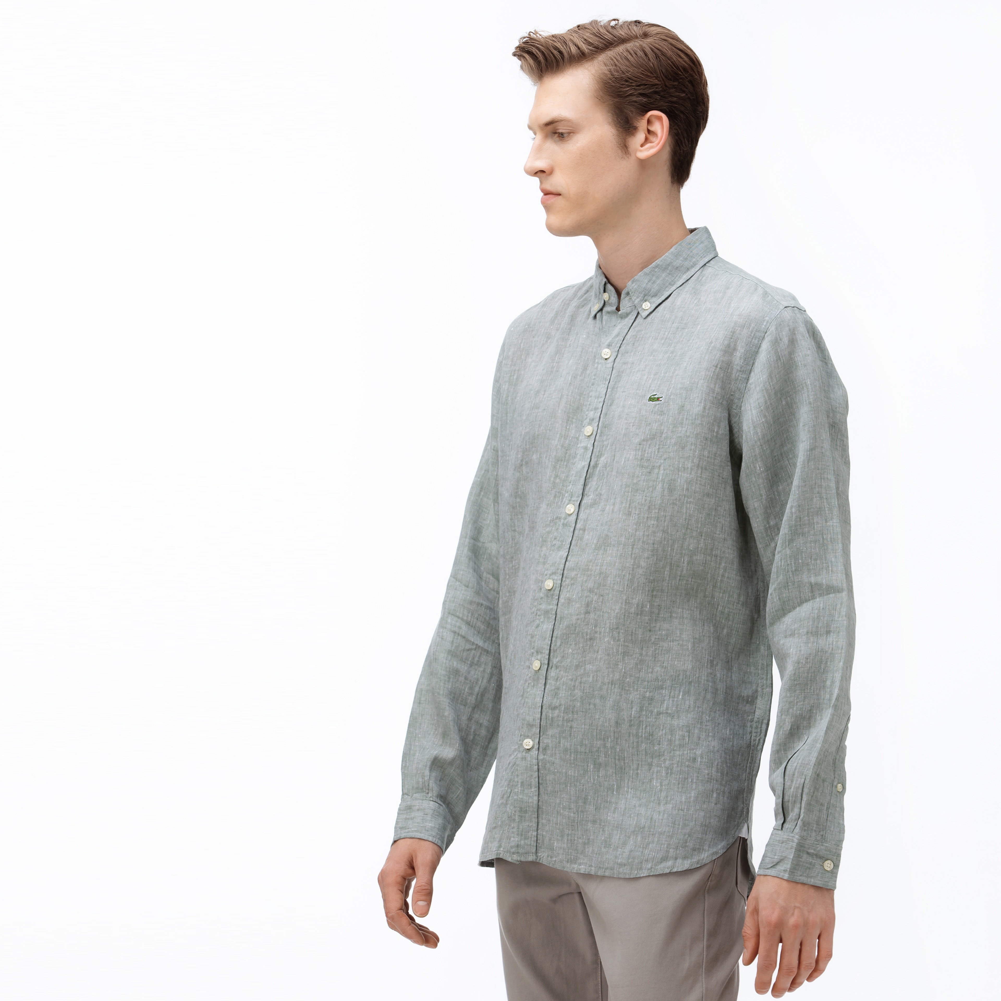 Lacoste Erkek Regular Fit Düğmeli Yaka Haki Keten Gömlek