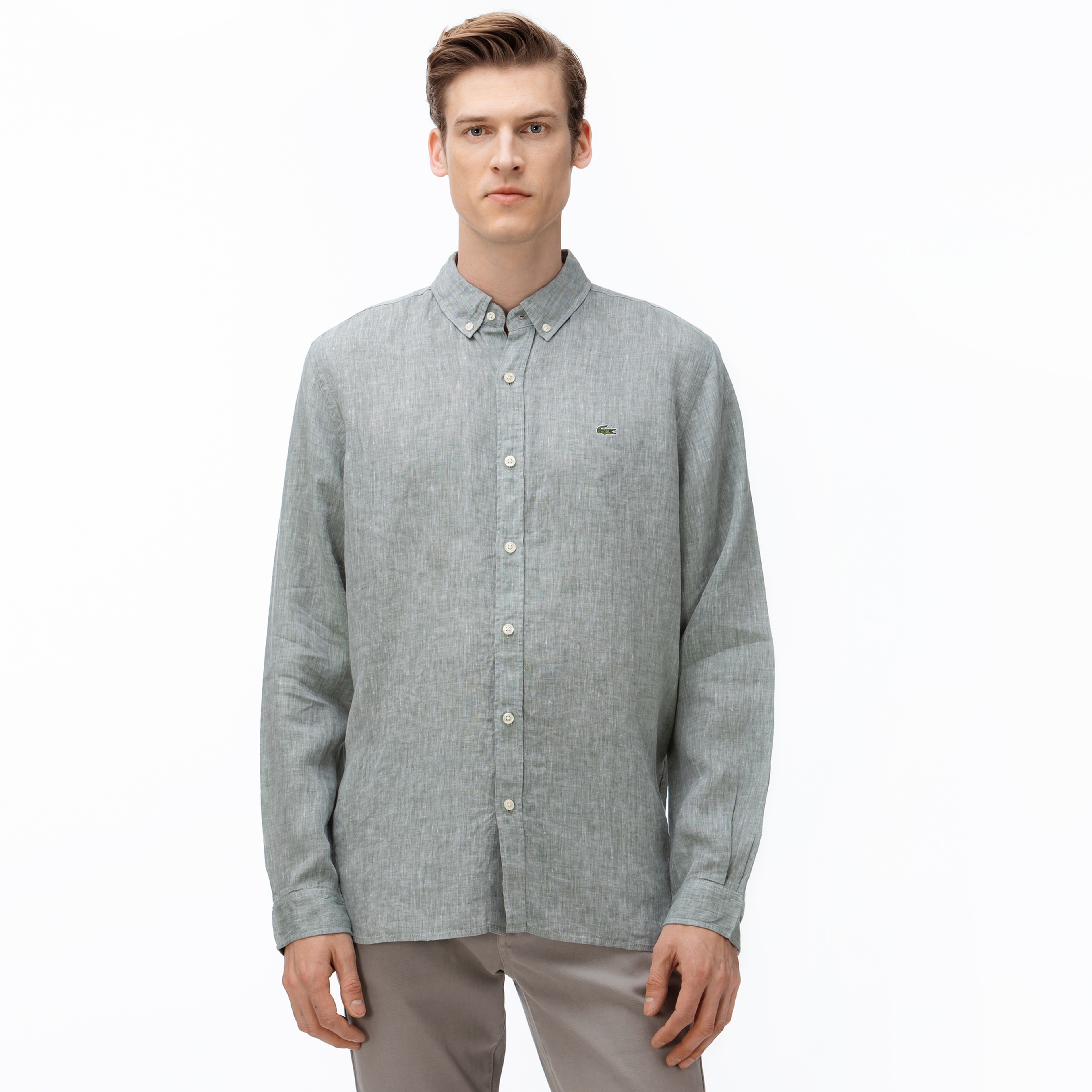 Lacoste Erkek Regular Fit Düğmeli Yaka Haki Keten Gömlek