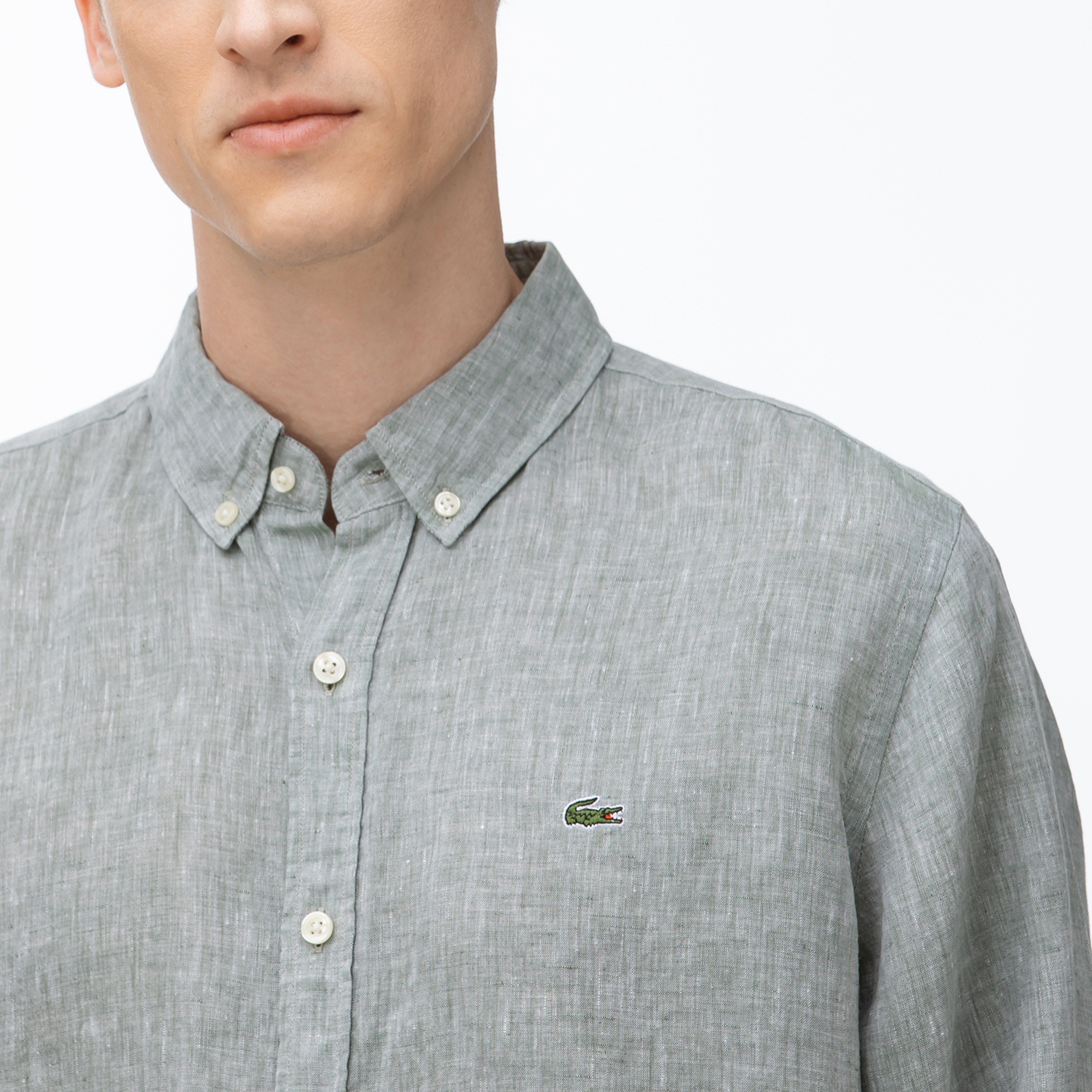 Lacoste Erkek Regular Fit Düğmeli Yaka Haki Keten Gömlek