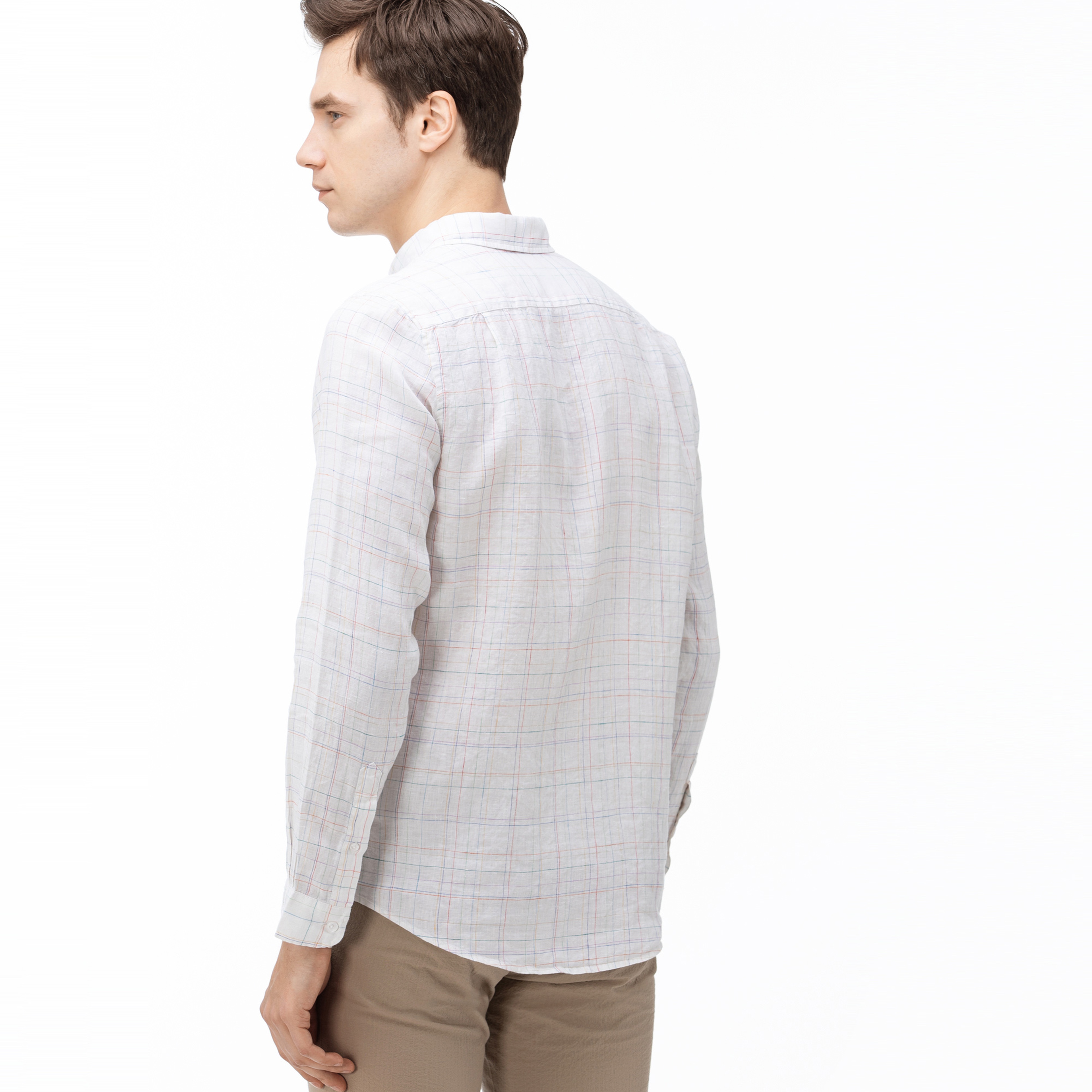 Lacoste Erkek Slim Fit Ekose Desenli Beyaz Keten Gömlek