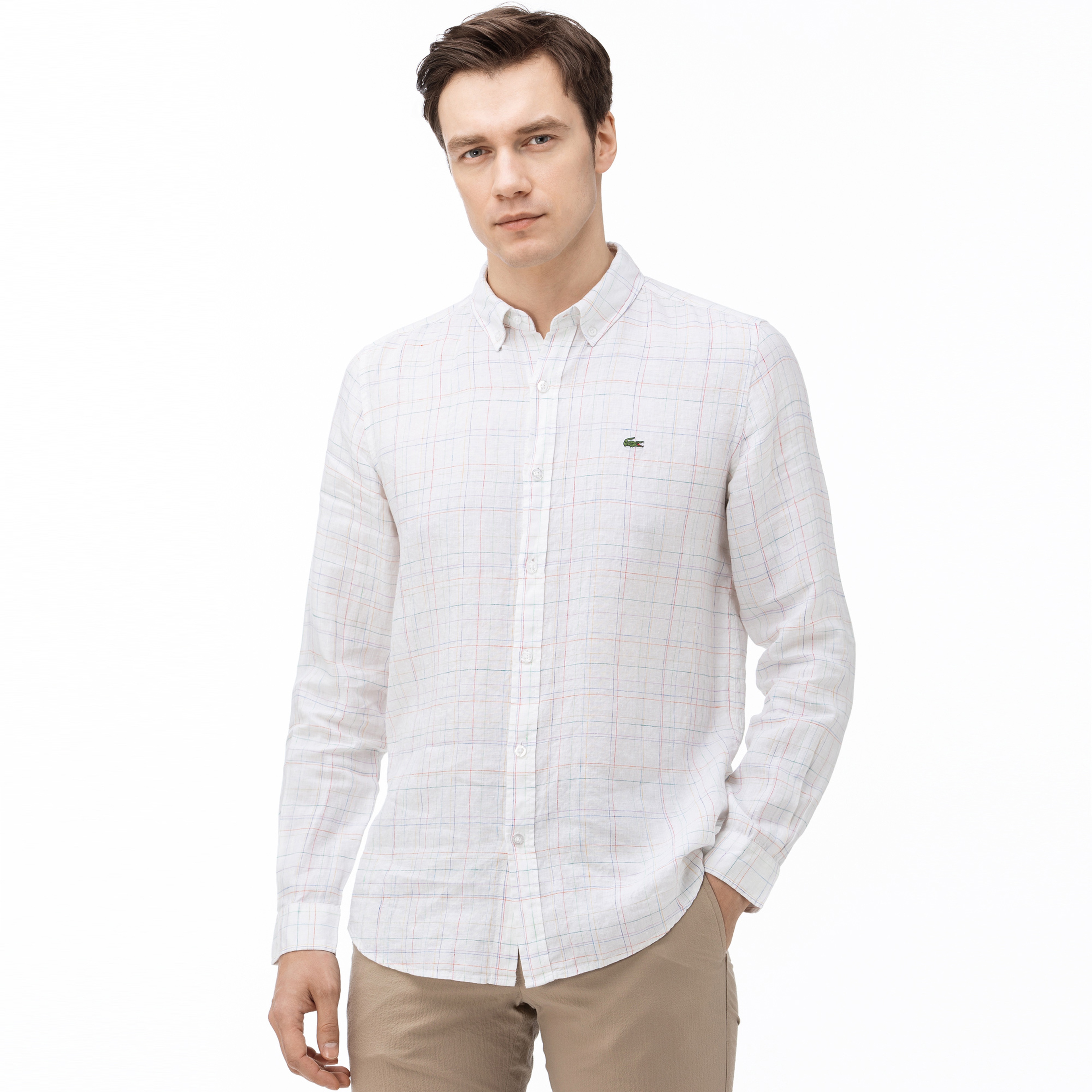 Lacoste Erkek Slim Fit Ekose Desenli Beyaz Keten Gömlek