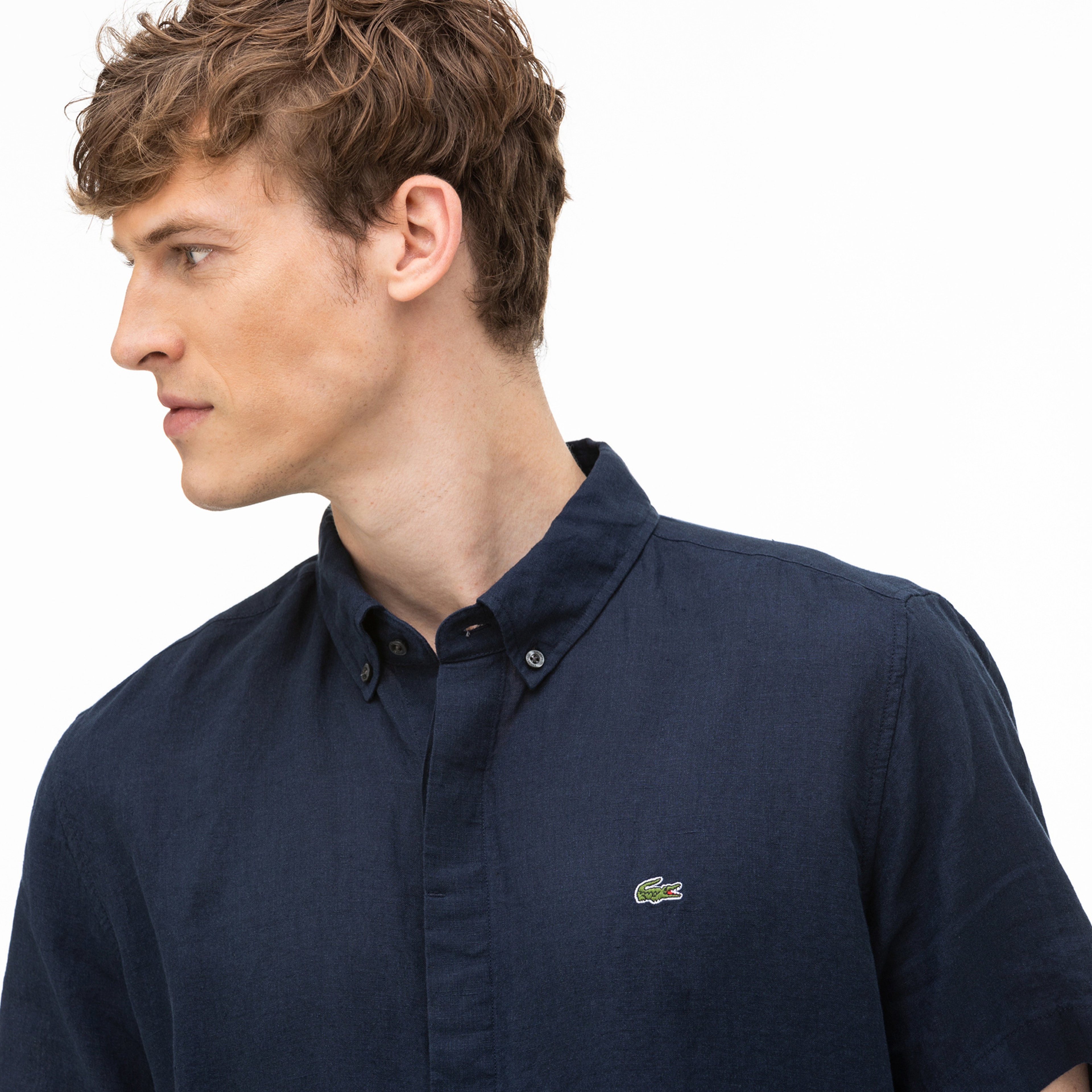 Lacoste Erkek Regular Fit Düğmeli Yaka Keten Kısa Kollu Lacivert Gömlek