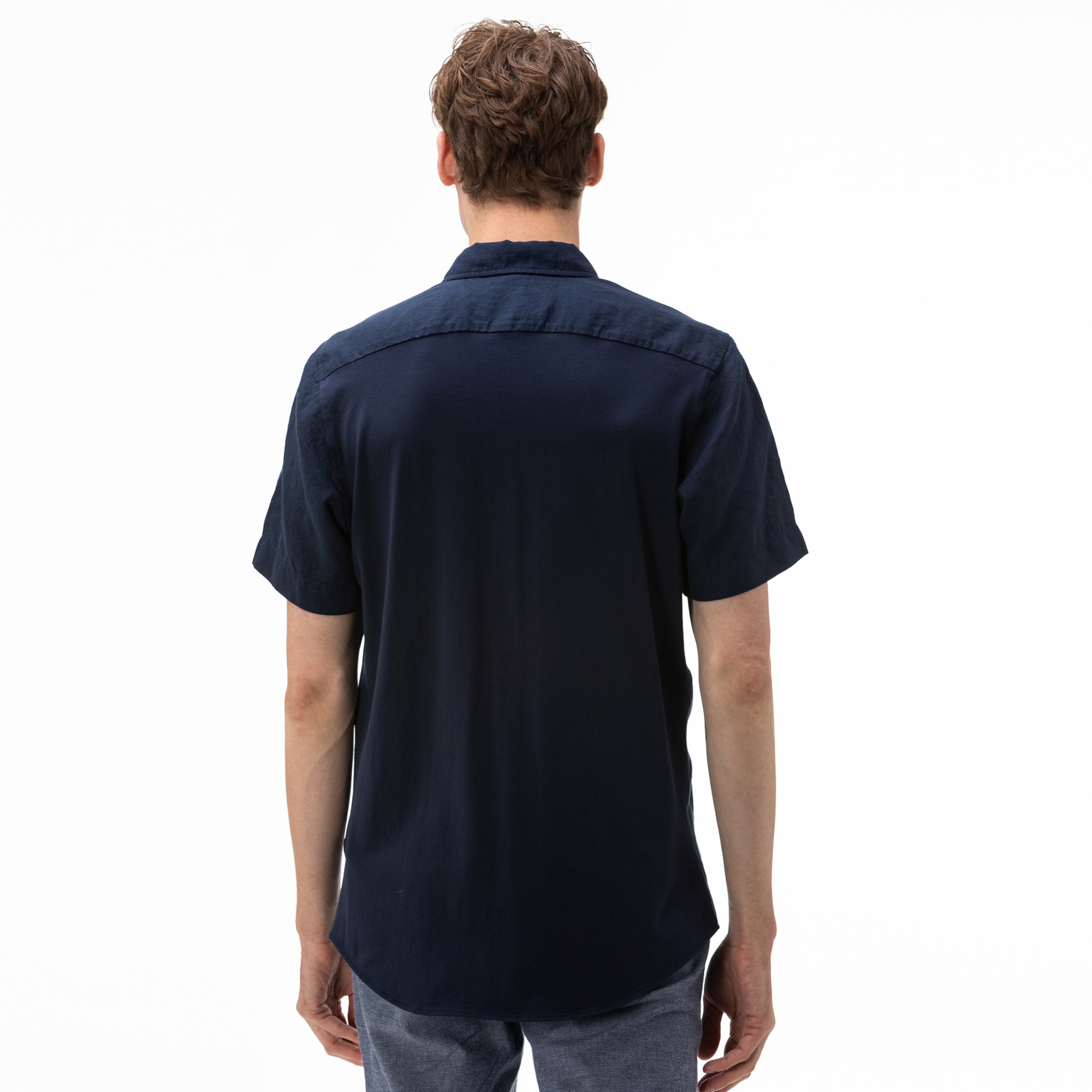 Lacoste Erkek Regular Fit Düğmeli Yaka Keten Kısa Kollu Lacivert Gömlek