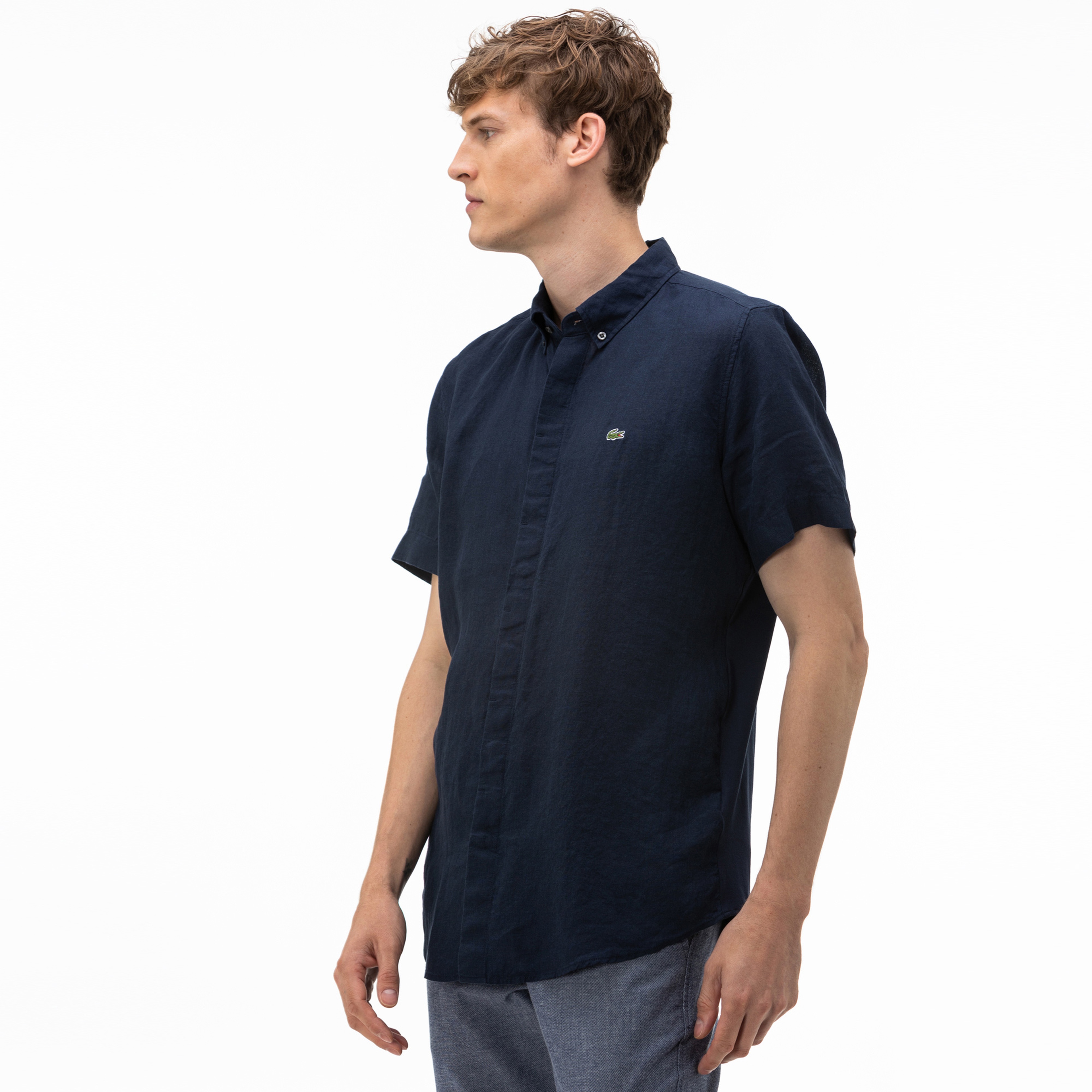 Lacoste Erkek Regular Fit Düğmeli Yaka Keten Kısa Kollu Lacivert Gömlek