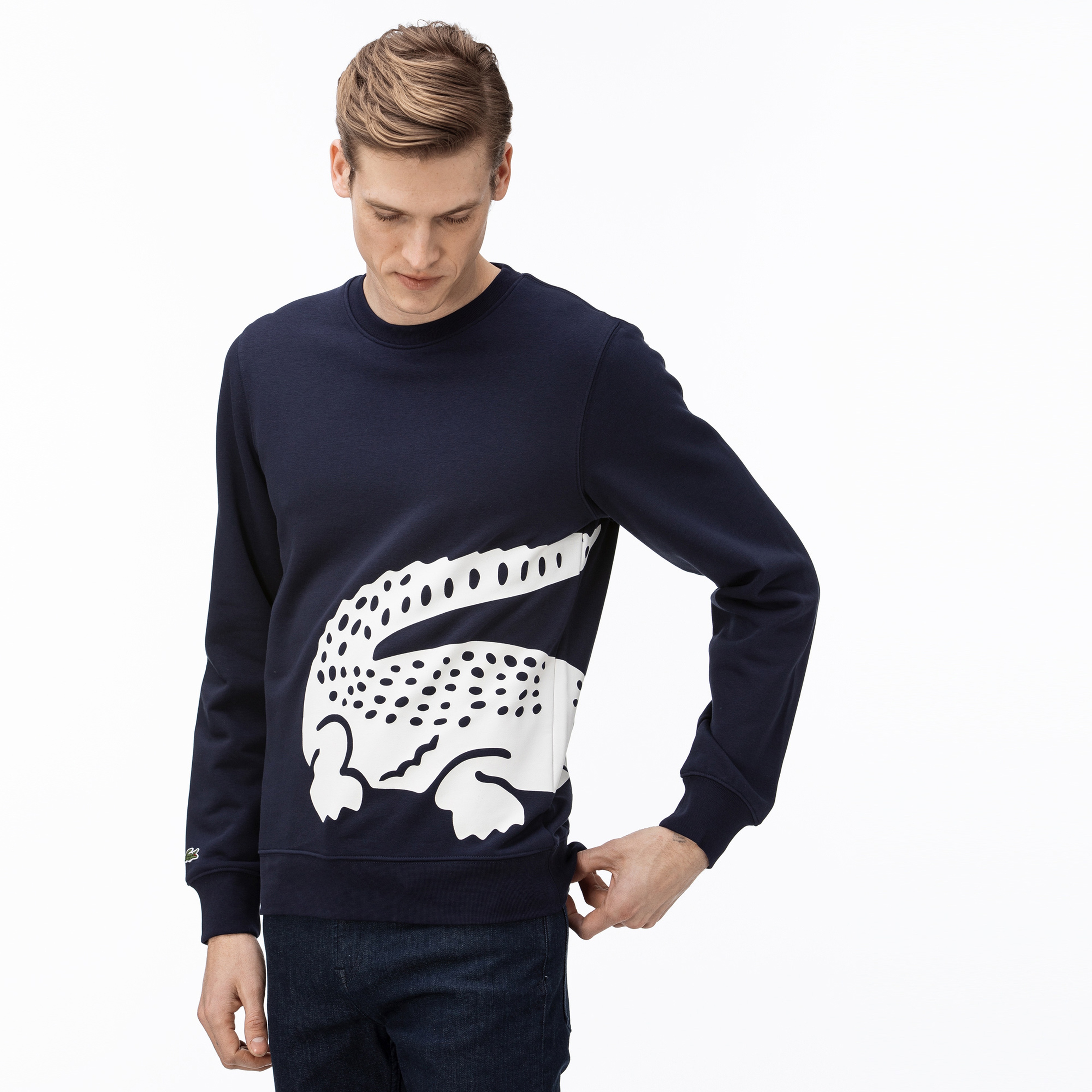 Lacoste Erkek Bisiklet Yaka Timsah Baskılı Lacivert Sweatshirt