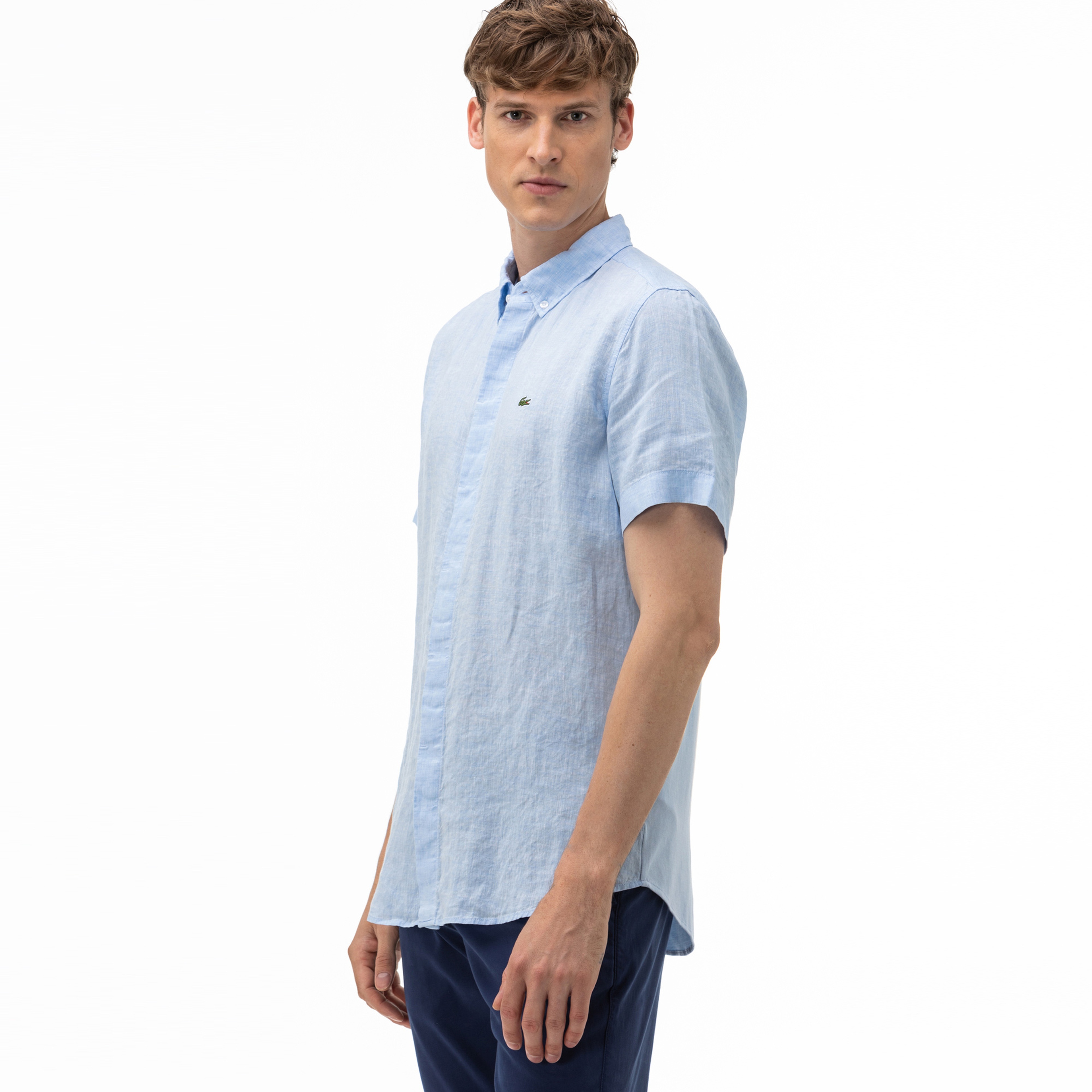 Lacoste Erkek Regular Fit Düğmeli Yaka Keten Kısa Kollu Mavi Gömlek