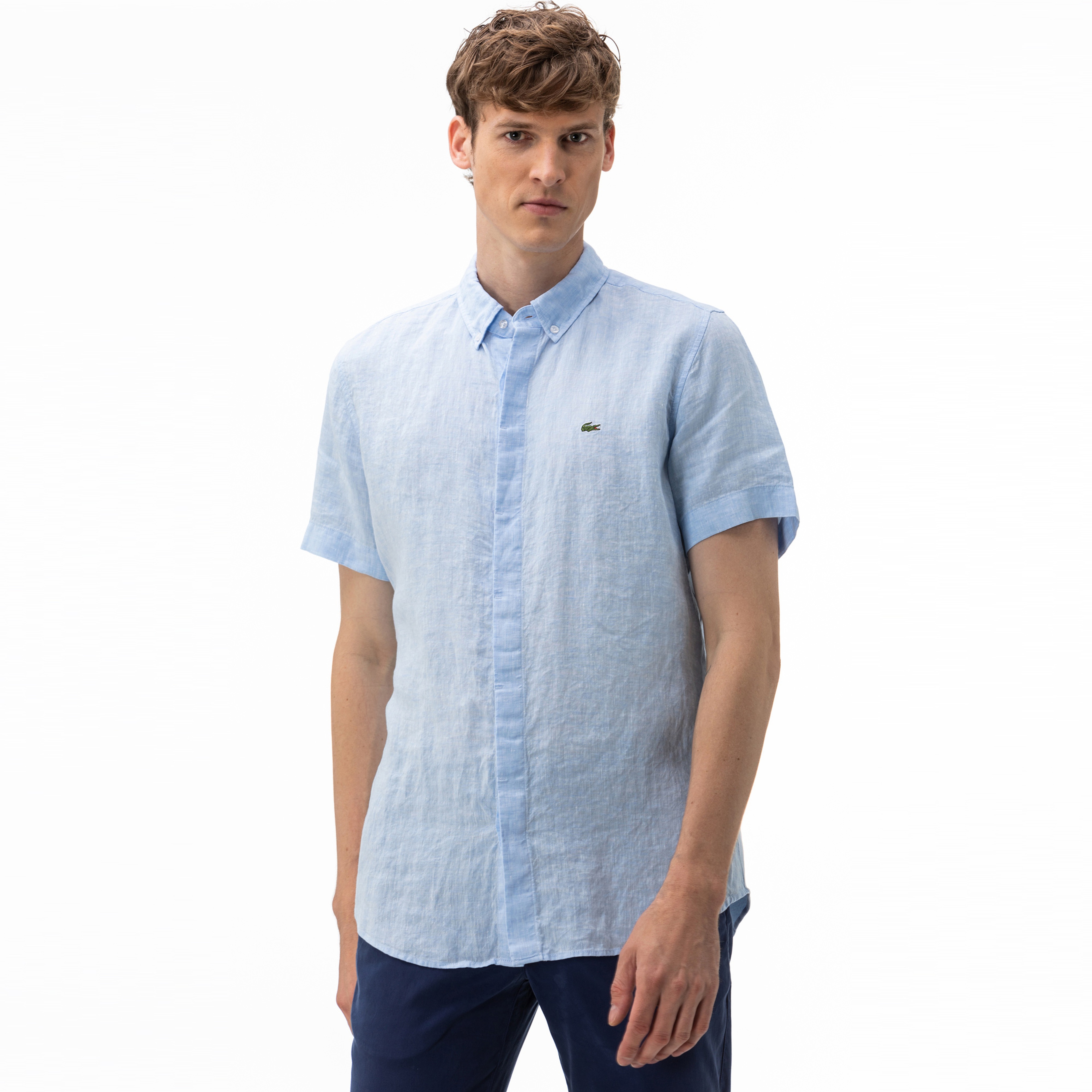 Lacoste Erkek Regular Fit Düğmeli Yaka Keten Kısa Kollu Mavi Gömlek