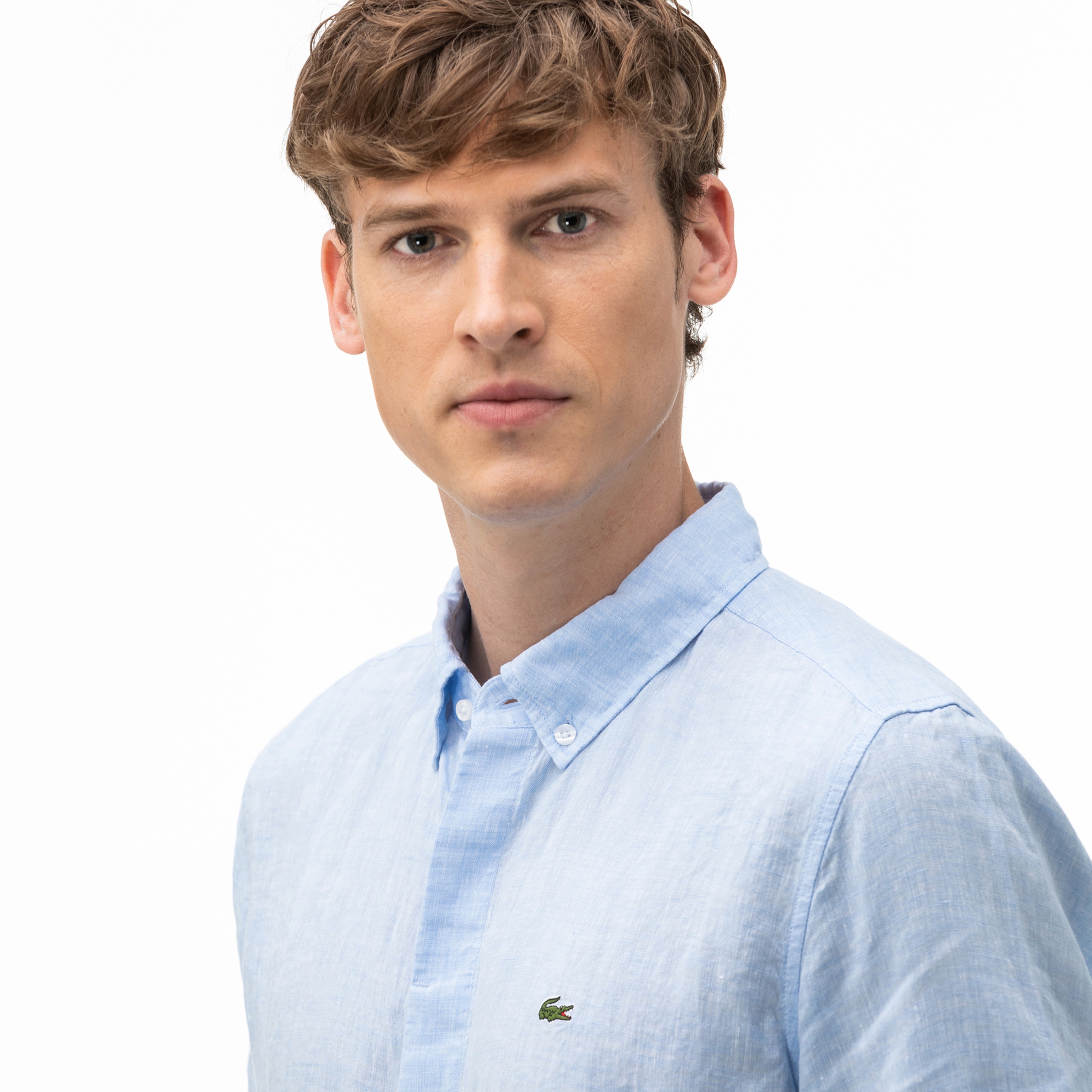 Lacoste Erkek Regular Fit Düğmeli Yaka Keten Kısa Kollu Mavi Gömlek
