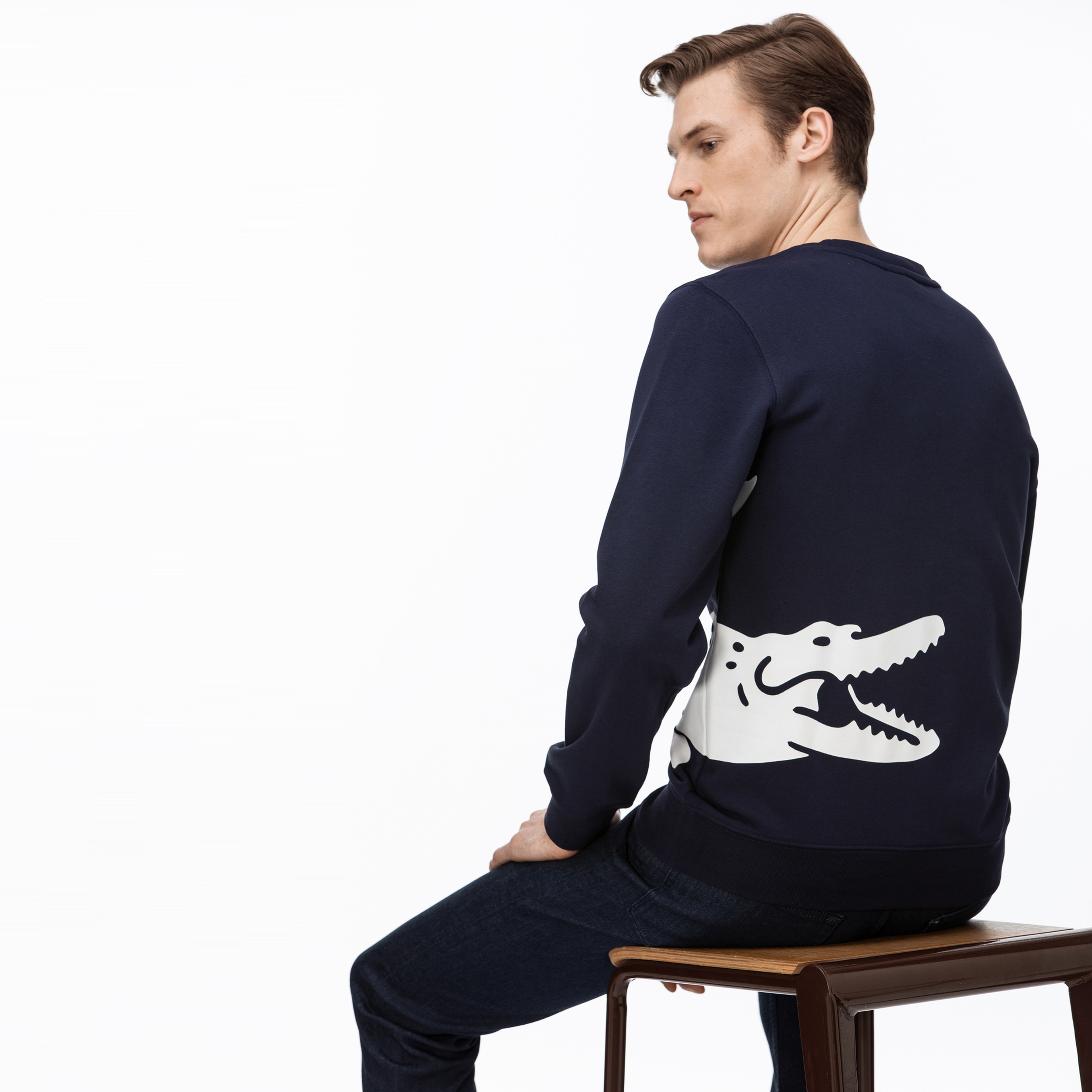 Lacoste Erkek Bisiklet Yaka Timsah Baskılı Lacivert Sweatshirt
