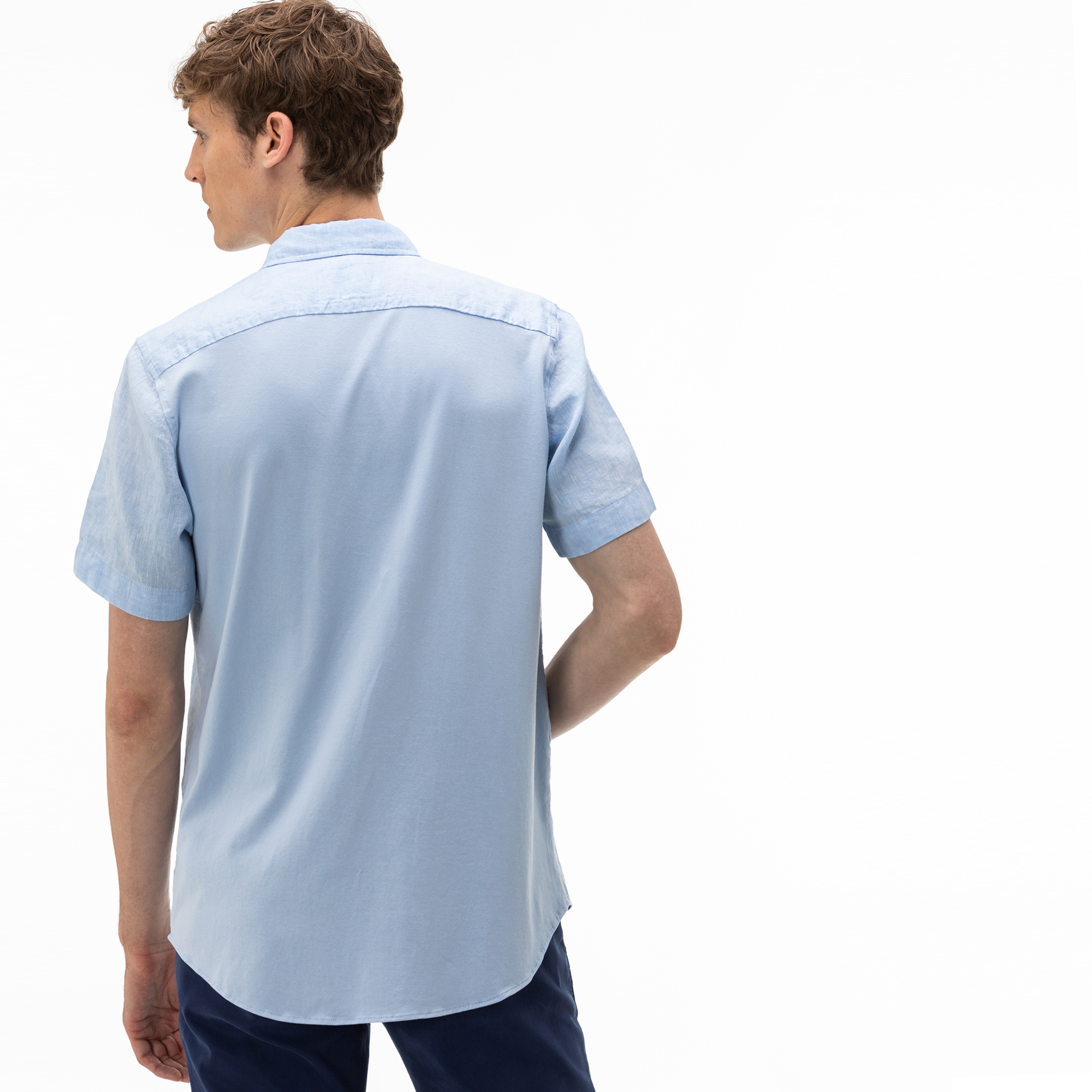 Lacoste Erkek Regular Fit Düğmeli Yaka Keten Kısa Kollu Mavi Gömlek