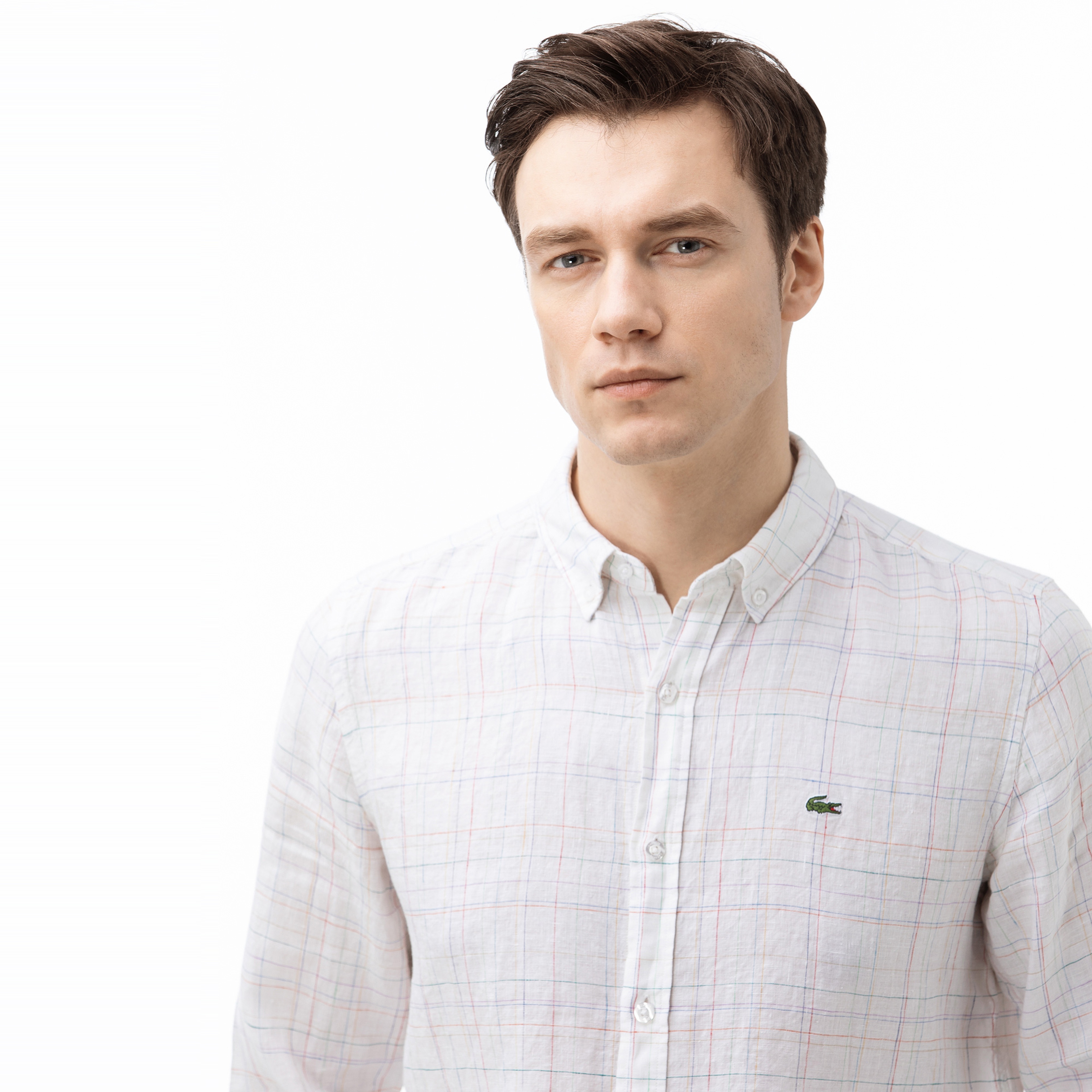 Lacoste Erkek Slim Fit Ekose Desenli Beyaz Keten Gömlek