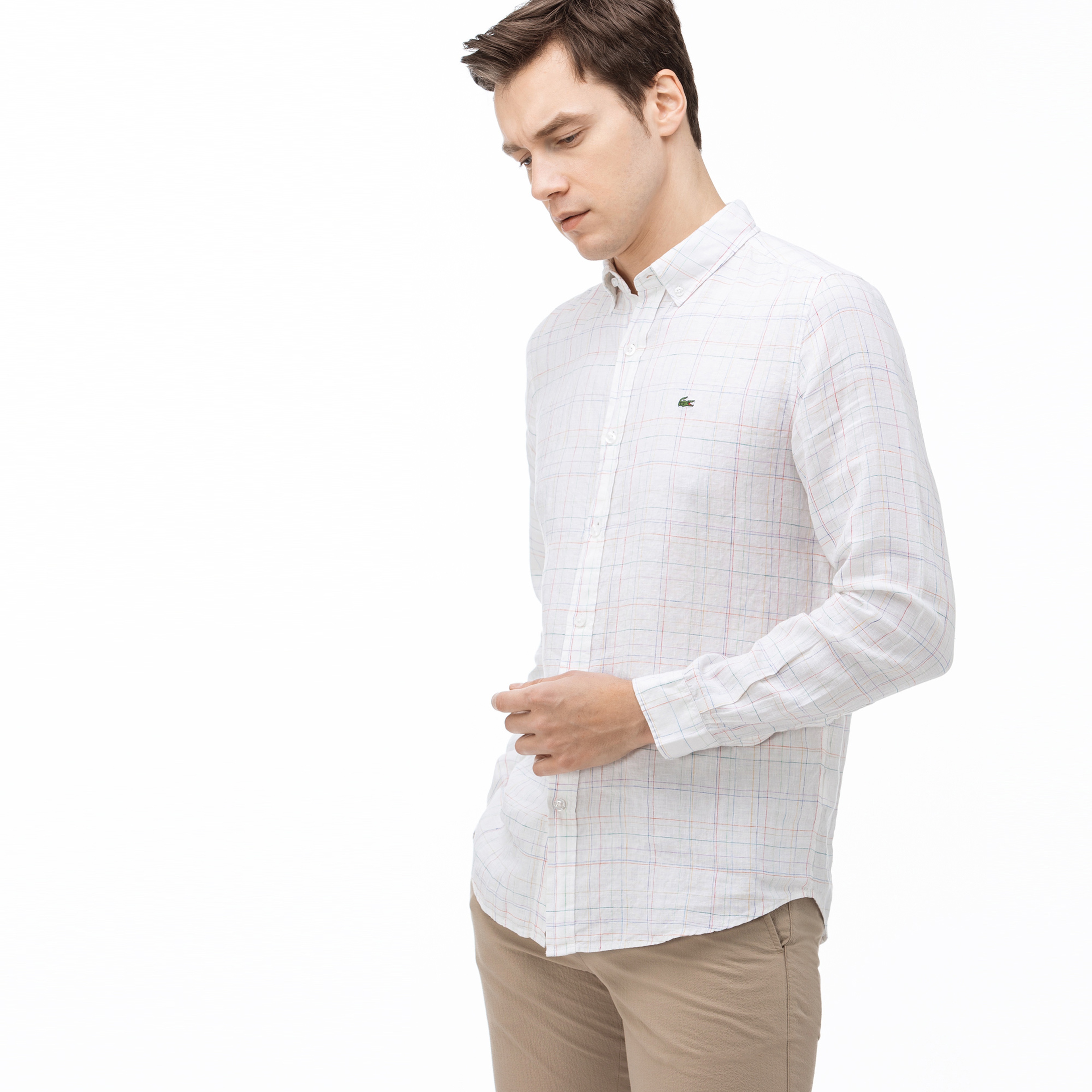 Lacoste Erkek Slim Fit Ekose Desenli Beyaz Keten Gömlek