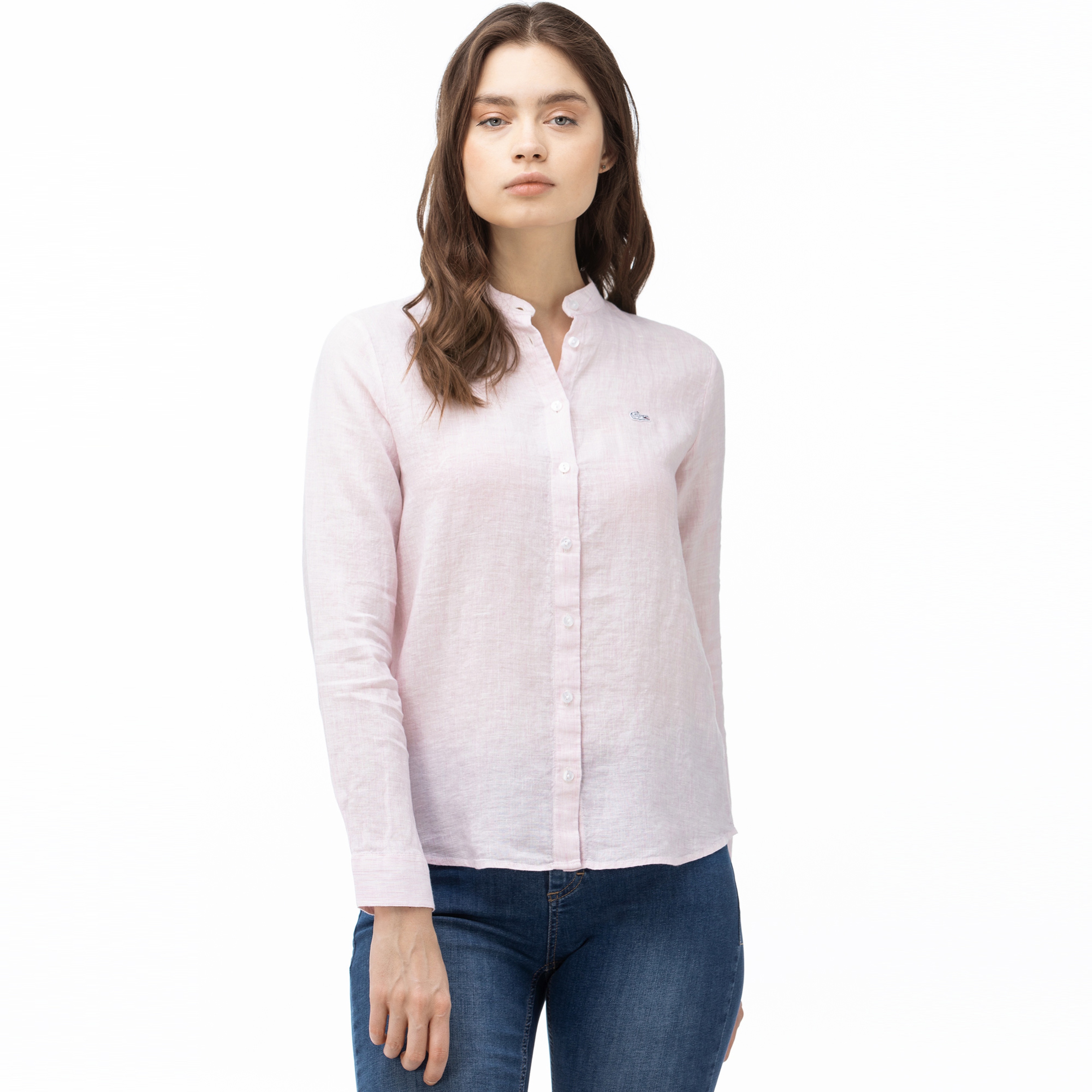 Lacoste Kadın Hakim Yaka Açık Pembe Keten Gömlek