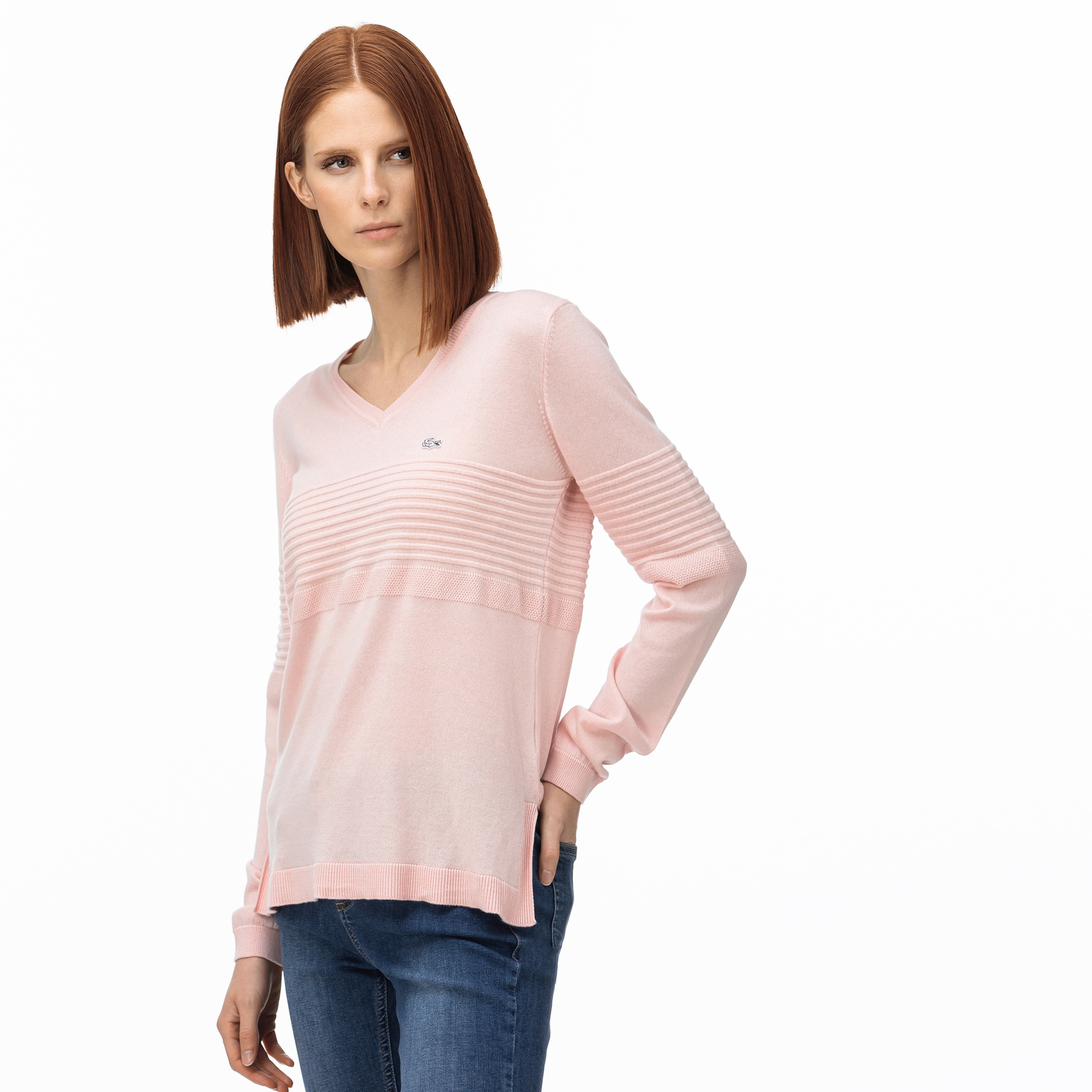 Lacoste Kadın V Yaka Açık Pembe Triko Kazak