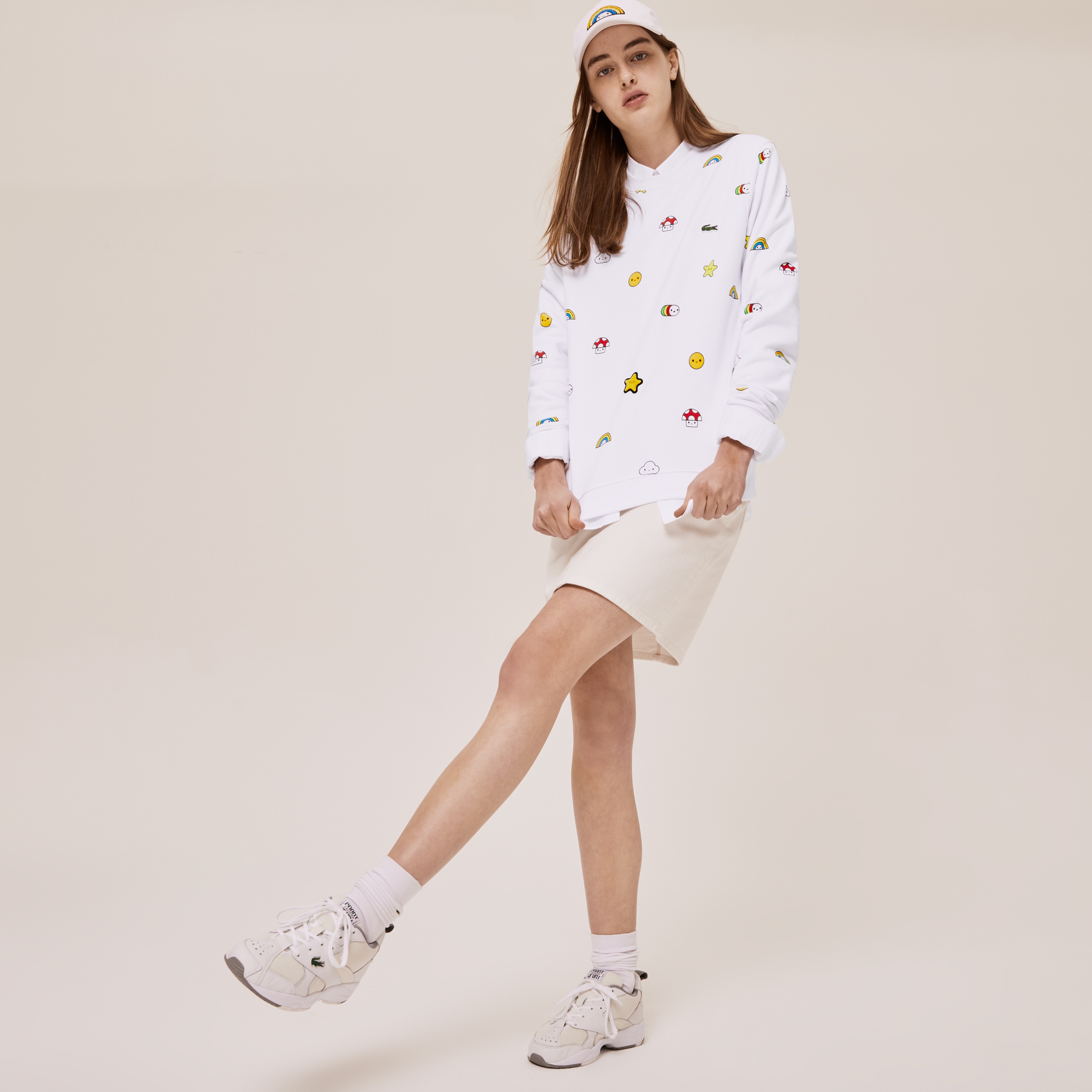 Lacoste X FriendsWithYou Unisex Bisiklet Yaka Desenli Beyaz Sweatshirt