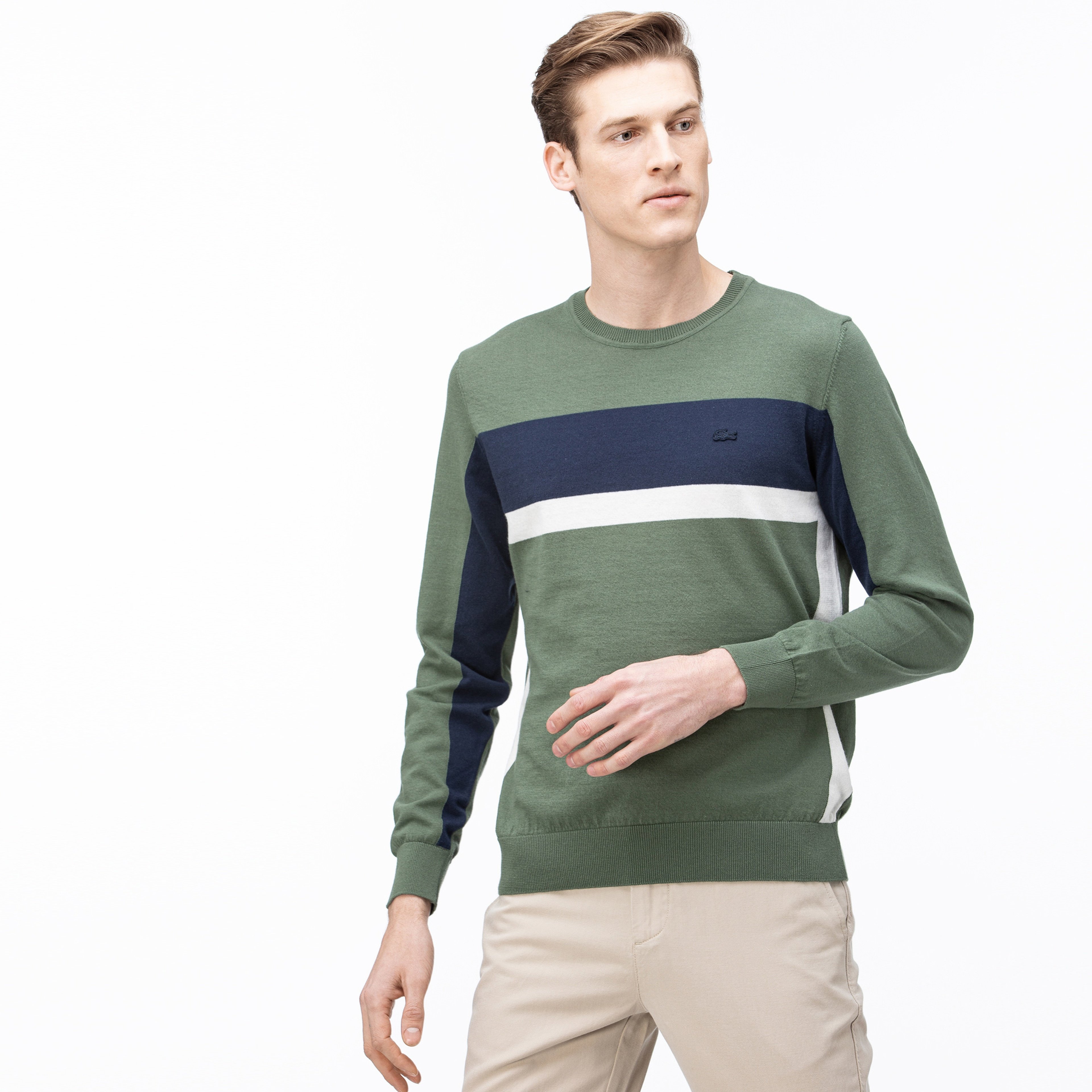 Lacoste Erkek Bisiklet Yaka Blok Desenli Haki Triko Kazak