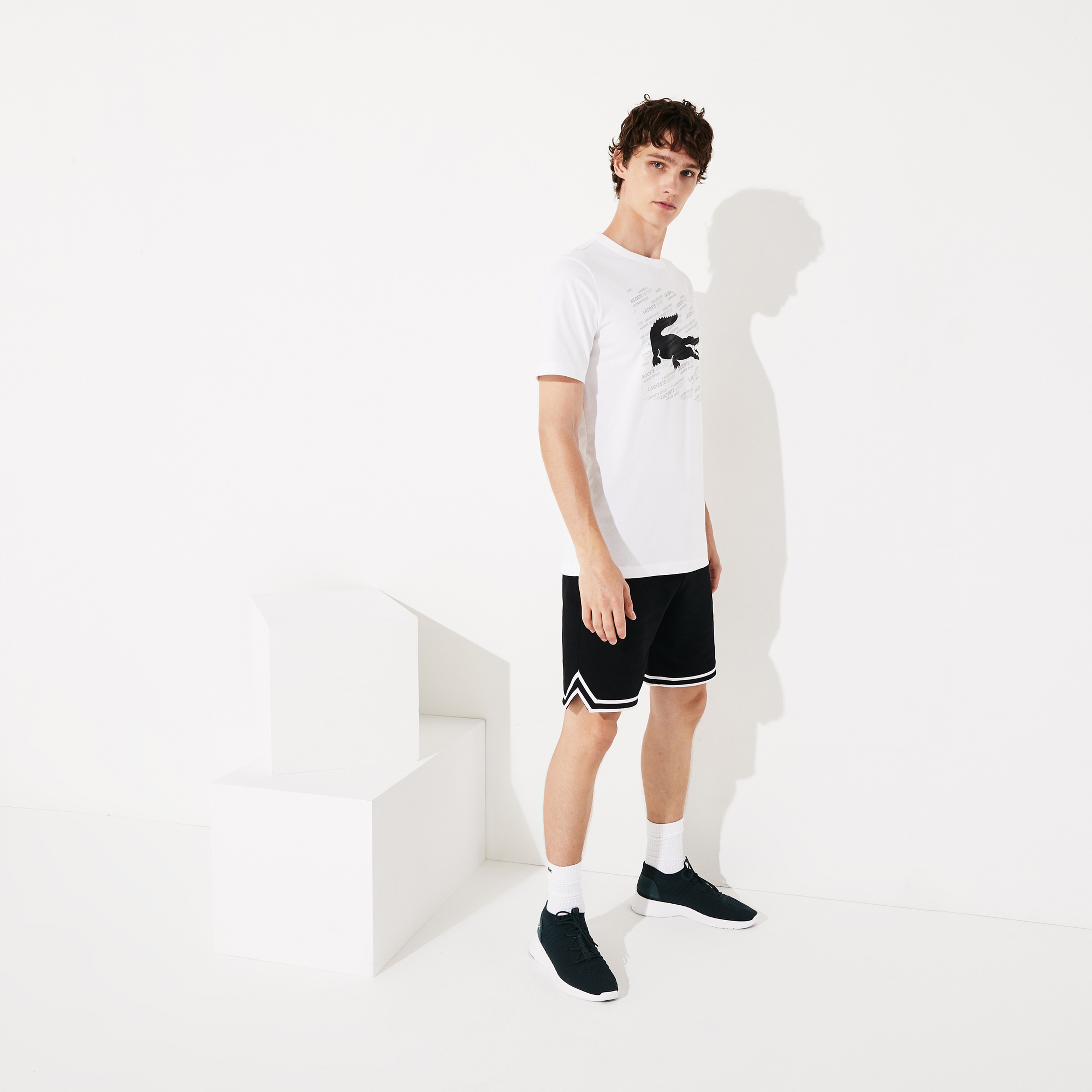 Lacoste Sport Erkek Bisiklet Yaka Timsah Baskılı Beyaz T-Shirt