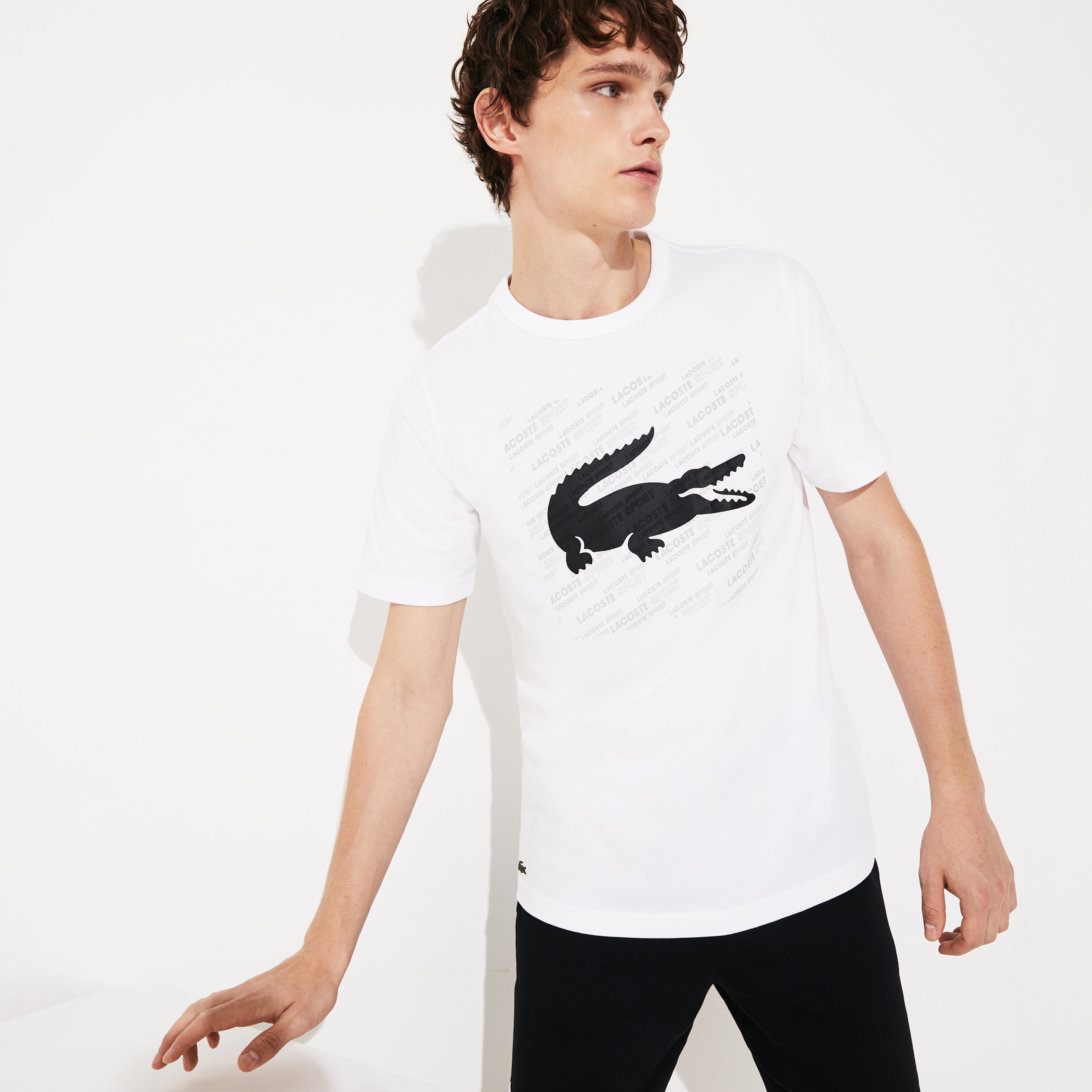 Lacoste Sport Erkek Bisiklet Yaka Timsah Baskılı Beyaz T-Shirt