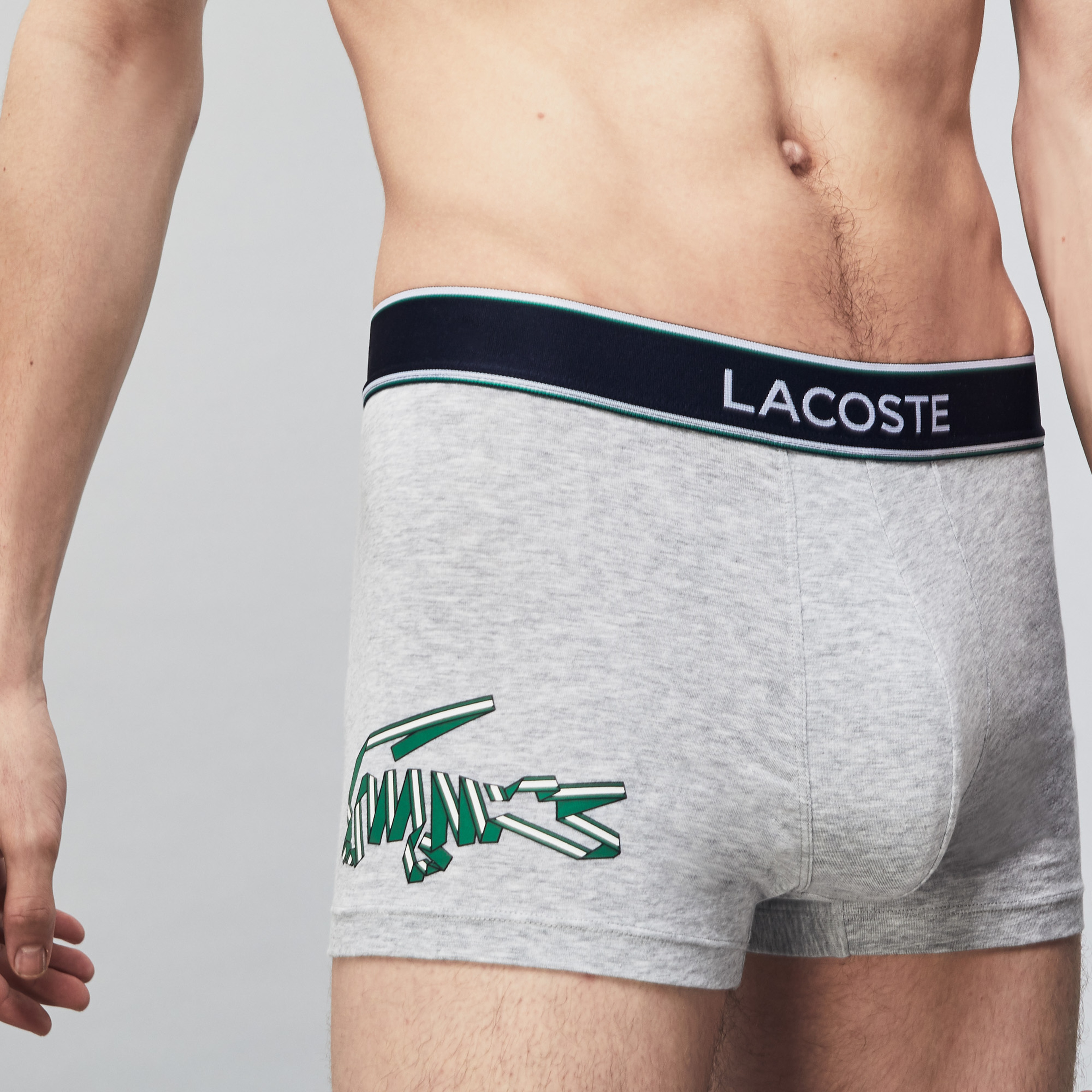 Lacoste Erkek Timsah Baskılı 3'lü Gri - Beyaz - Lacivert Boxer