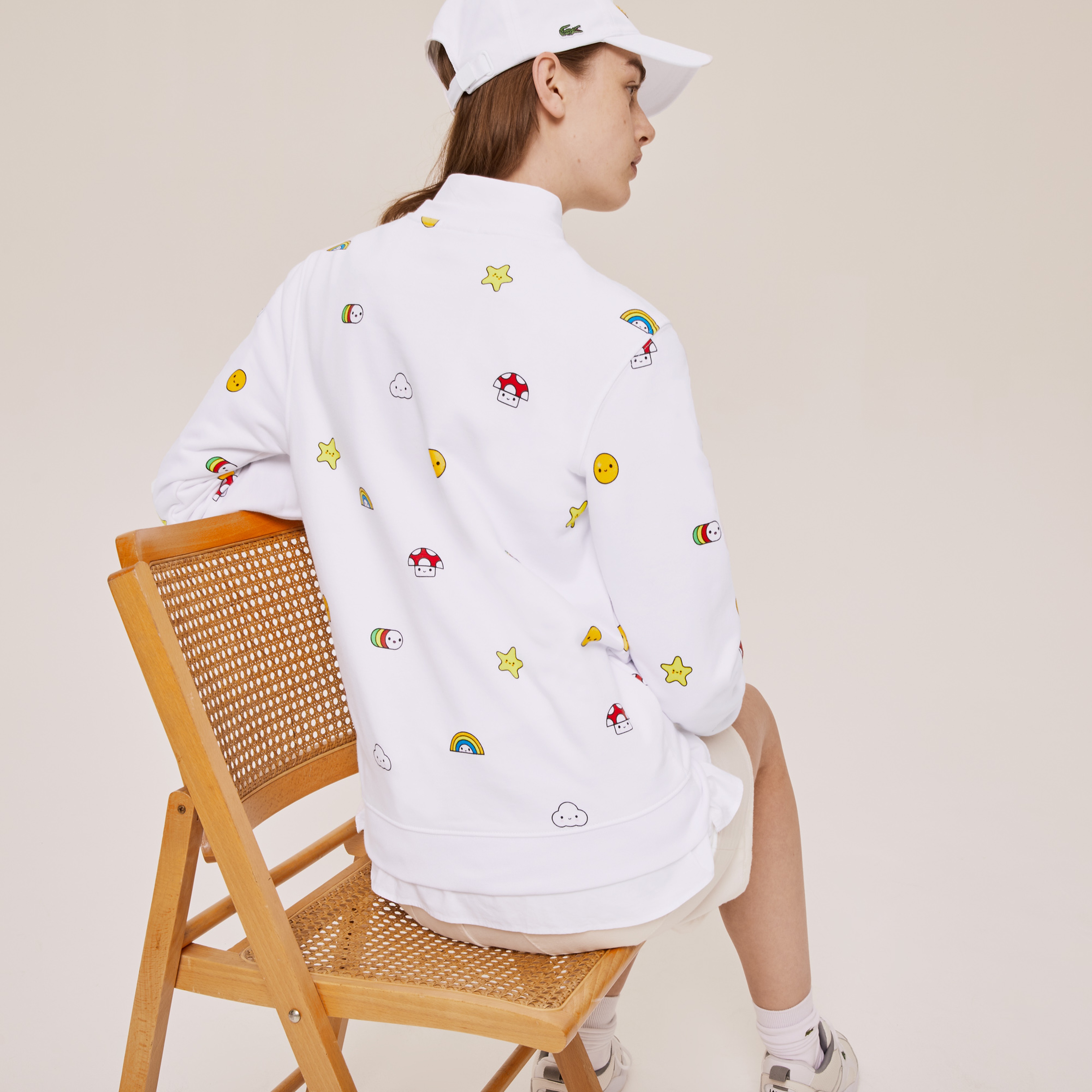 Lacoste X FriendsWithYou Unisex Bisiklet Yaka Desenli Beyaz Sweatshirt